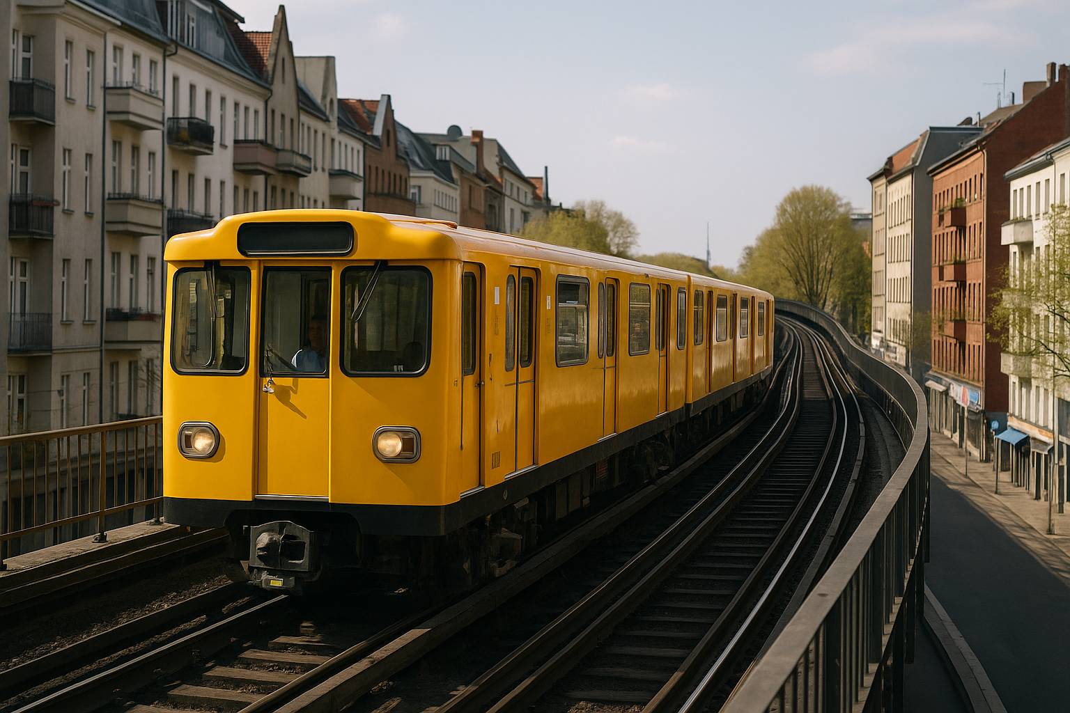 Berliner U-Bahn (BVG), die auf der Hochbahnstrecke der U1 in Kreuzberg fährt