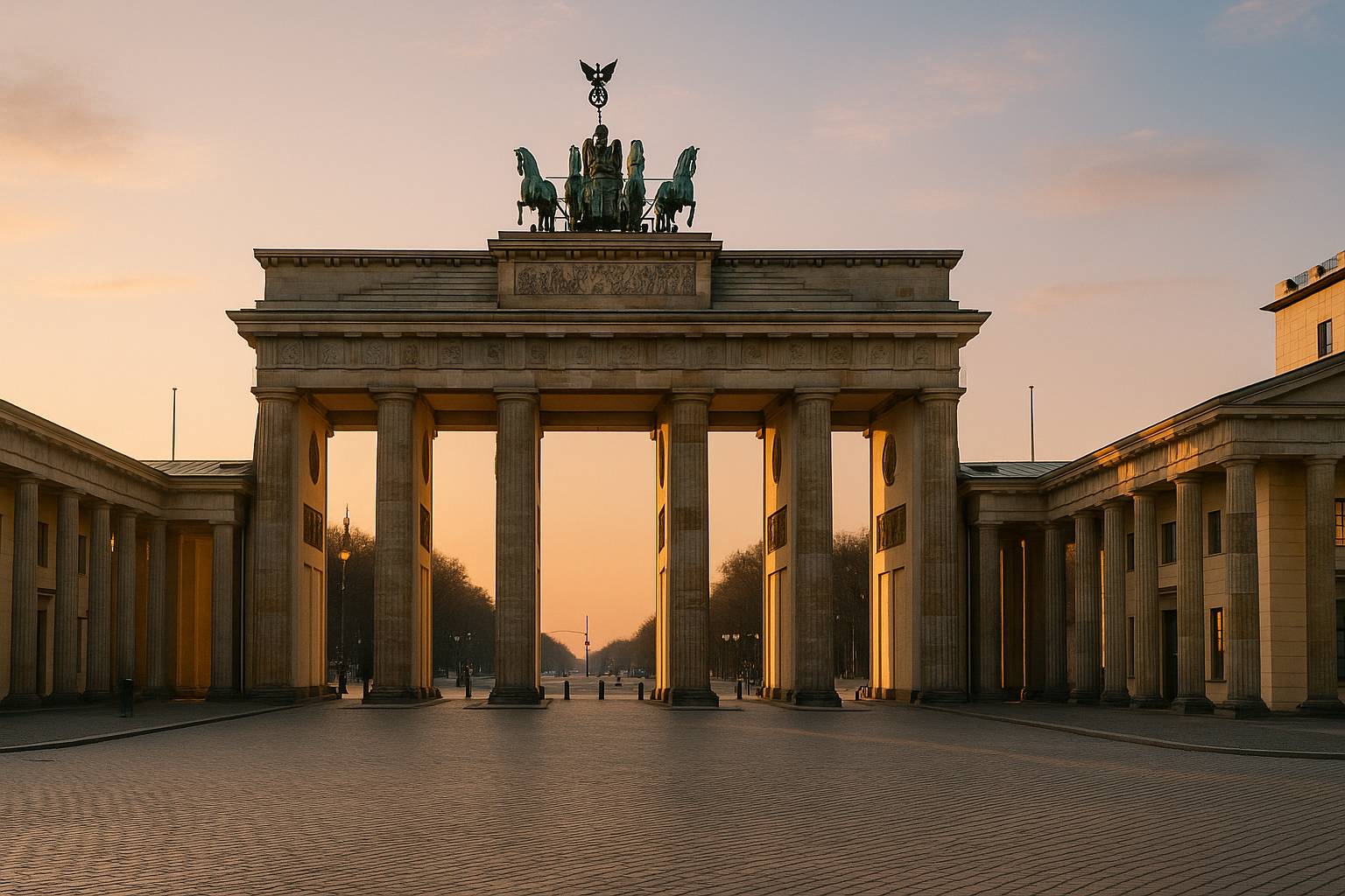 Brandenburger Tors in Berlin bei Sonnenaufgang, Blick vom Pariser Platz