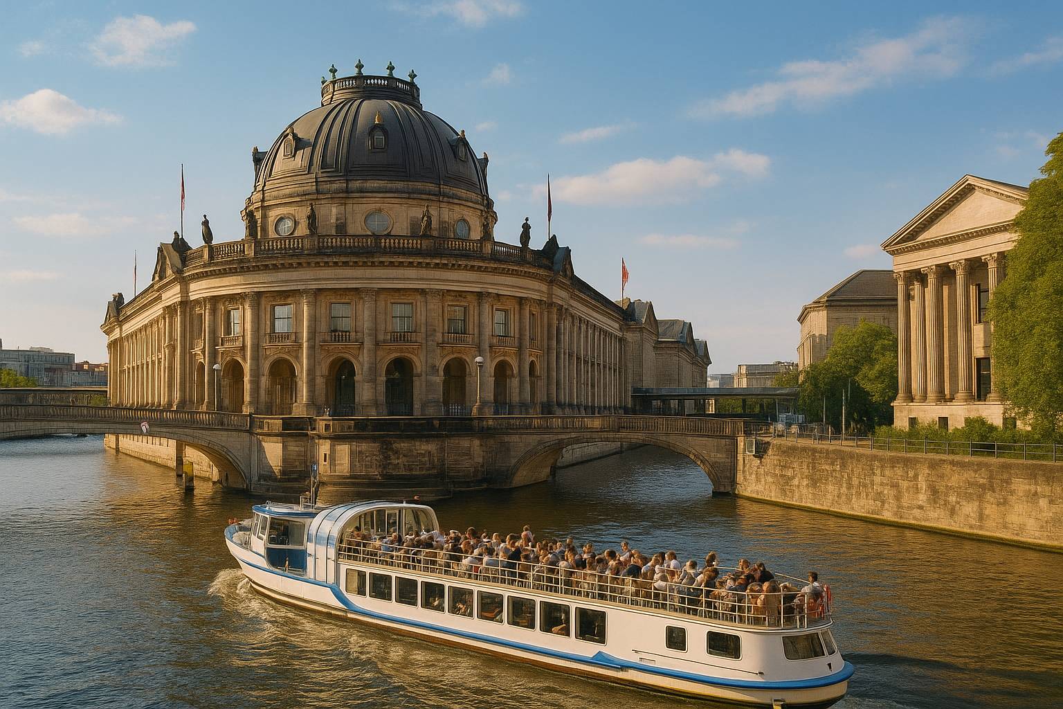 Museumsinsel in Berlin an einem sonnigen Nachmittag, Blick über die Spree auf das Bode-Museum und das Pergamonmuseum