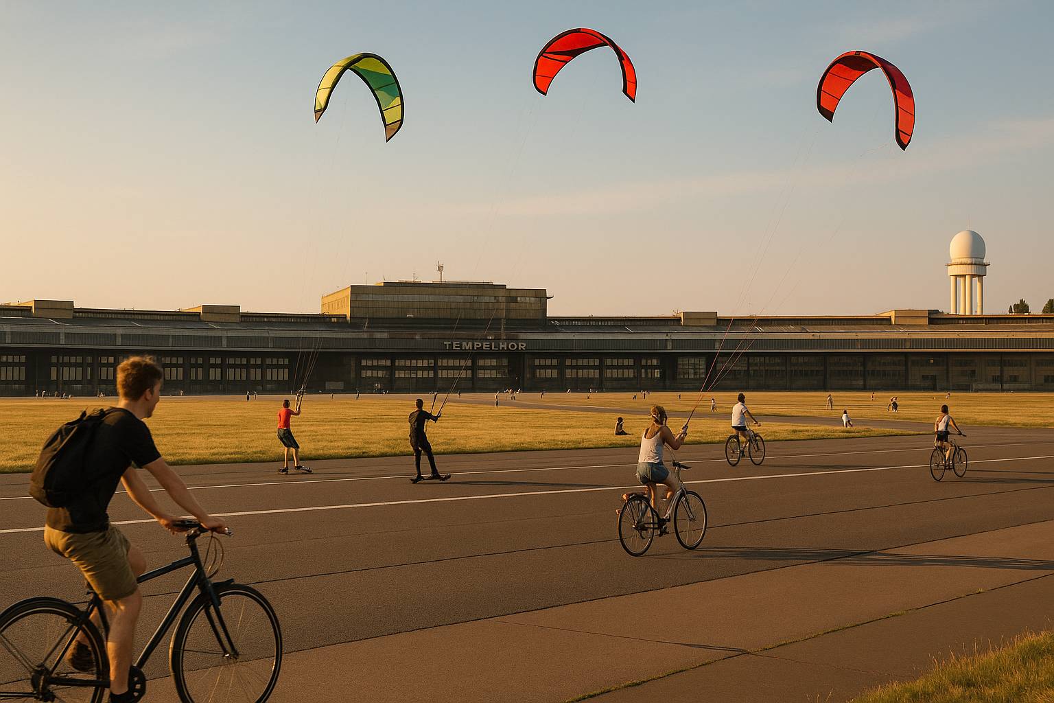 Tempelhofer Feld in Berlin, Menschen beim Kitesurfen und Radfahren auf der ehemaligen Landebahn