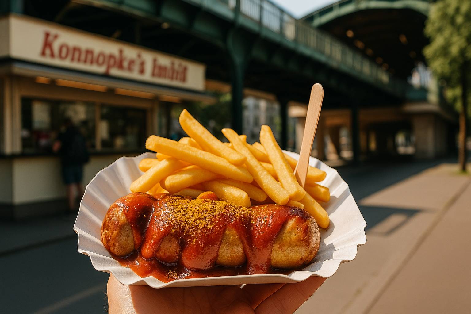 Berliner Currywurst mit Pommes Frites, serviert in einer Pappschale bei Konnopke's Imbiß
