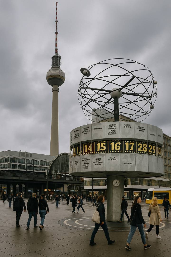 Berliner Fernsehturm vom Alexanderplatz, die Weltzeituhr im Vordergrund