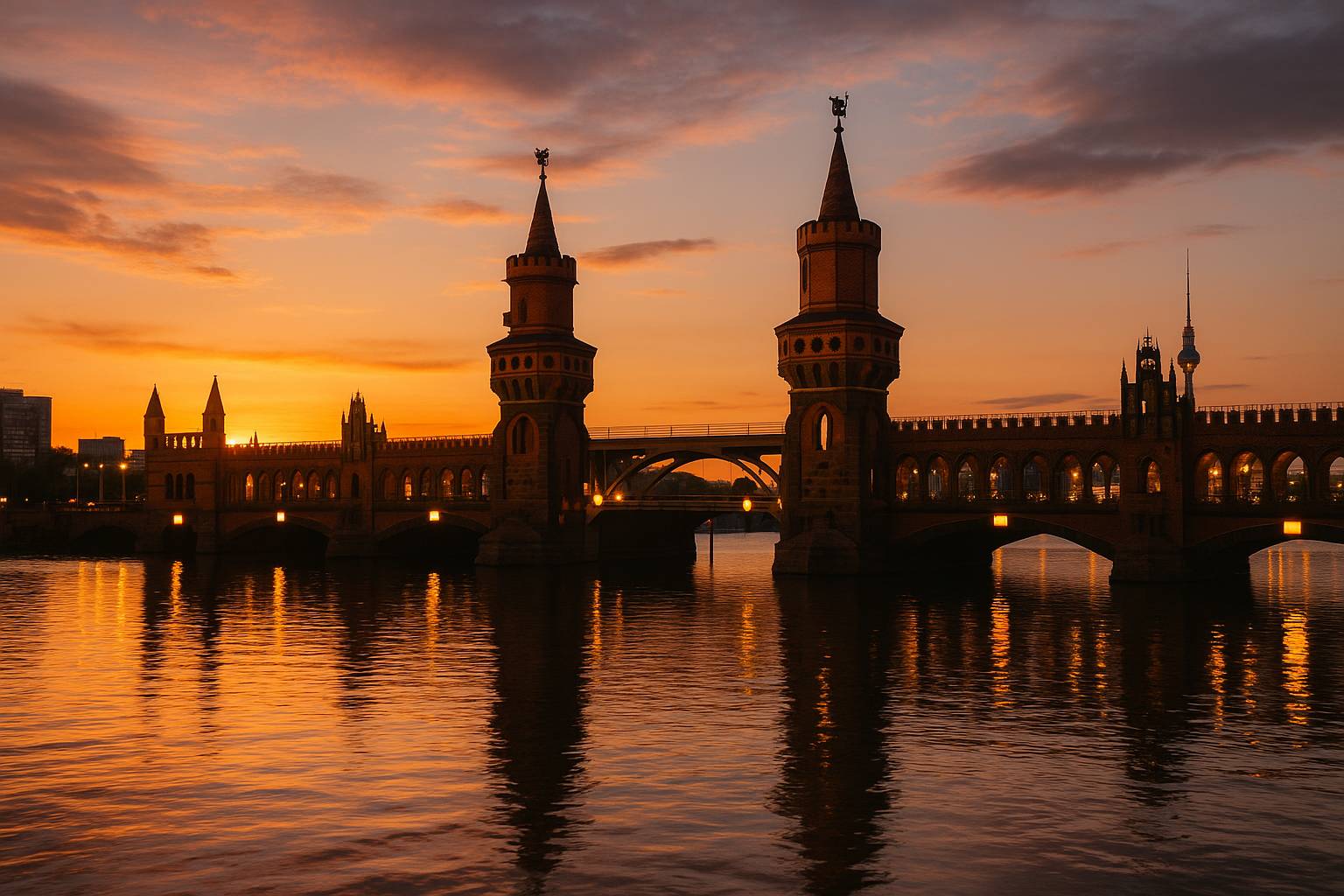 Oberbaumbrücke in Berlin bei Sonnenuntergang, Blick über die Spree