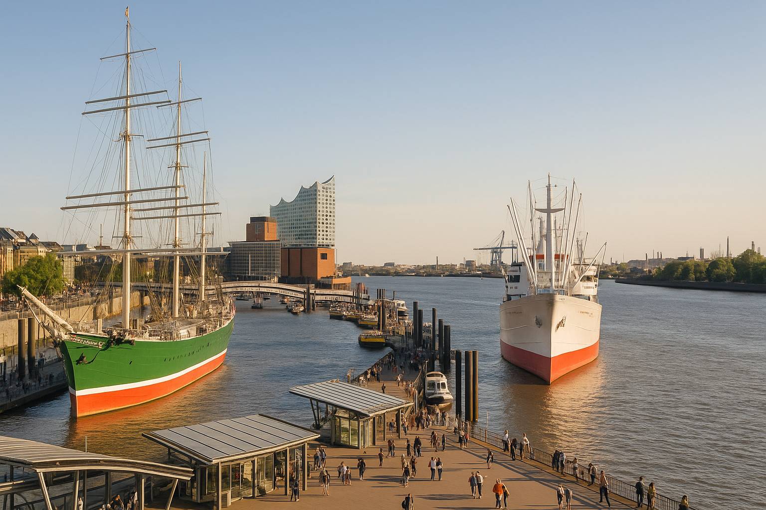 Landungsbrücke mit den Museumsschiffen Rickmer Rickmers und Cap San Diego