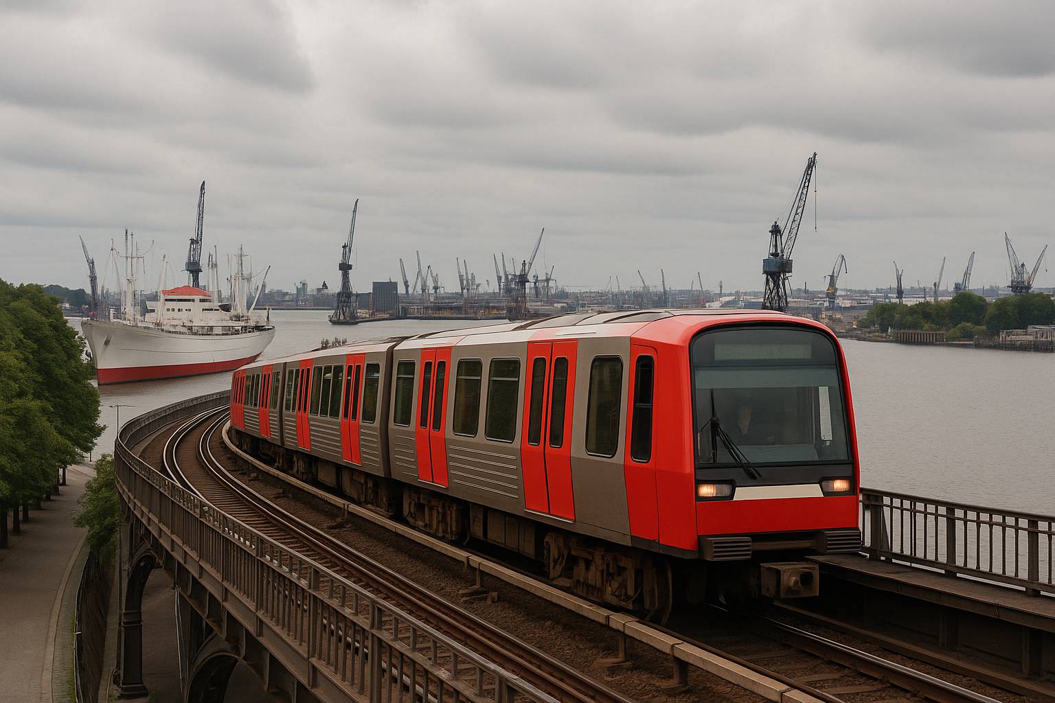 Eine rote U-Bahn der Hochbahn auf der Viadukt-Strecke zwischen den Stationen Baumwall und Landungsbrücken