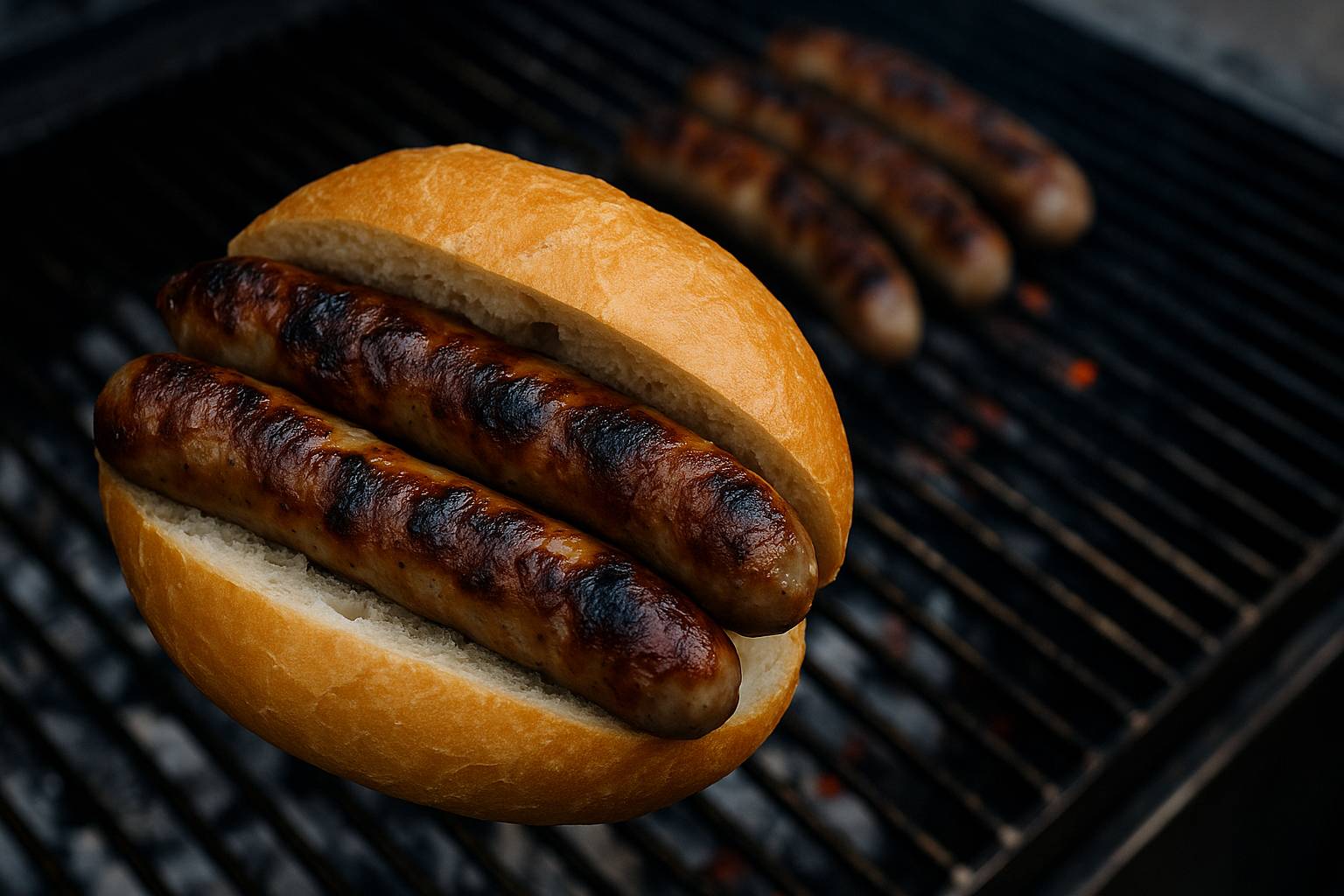 Frisch gegrillten Nürnberger Rostbratwürsten im Brötchen