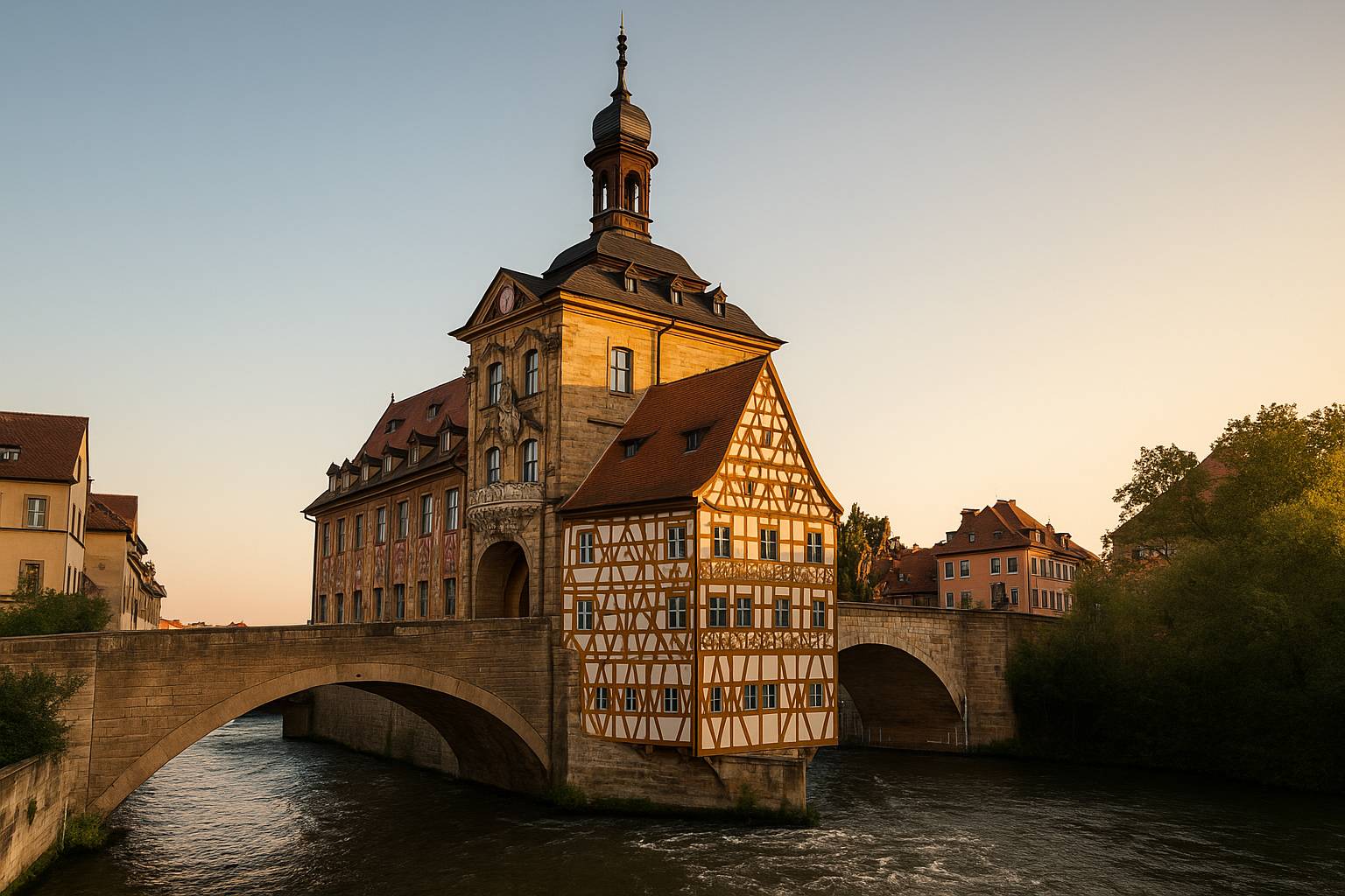 lten Rathauses in Bamberg, gebaut auf einer Insel in der Regnitz