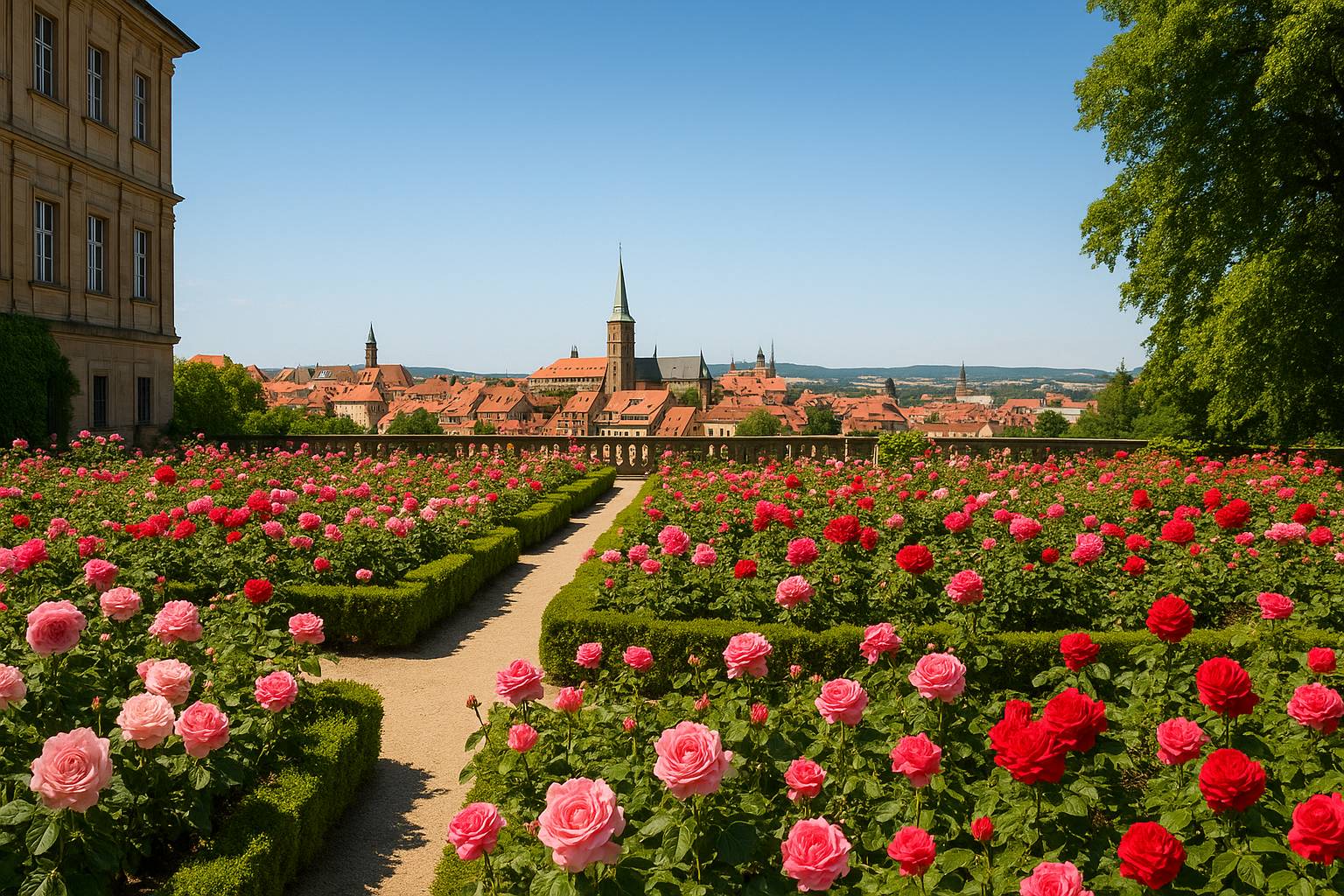 Rosengartens der Neuen Residenz in Bamberg zur vollen Rosenblüte im Frühsommer