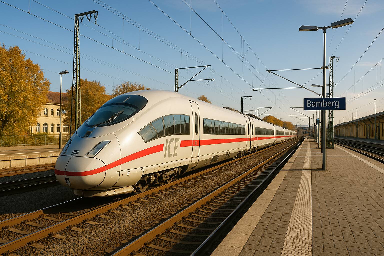 ICE-Zug, der auf der Schnellfahrstrecke in den Hauptbahnhof Bamberg einfährt