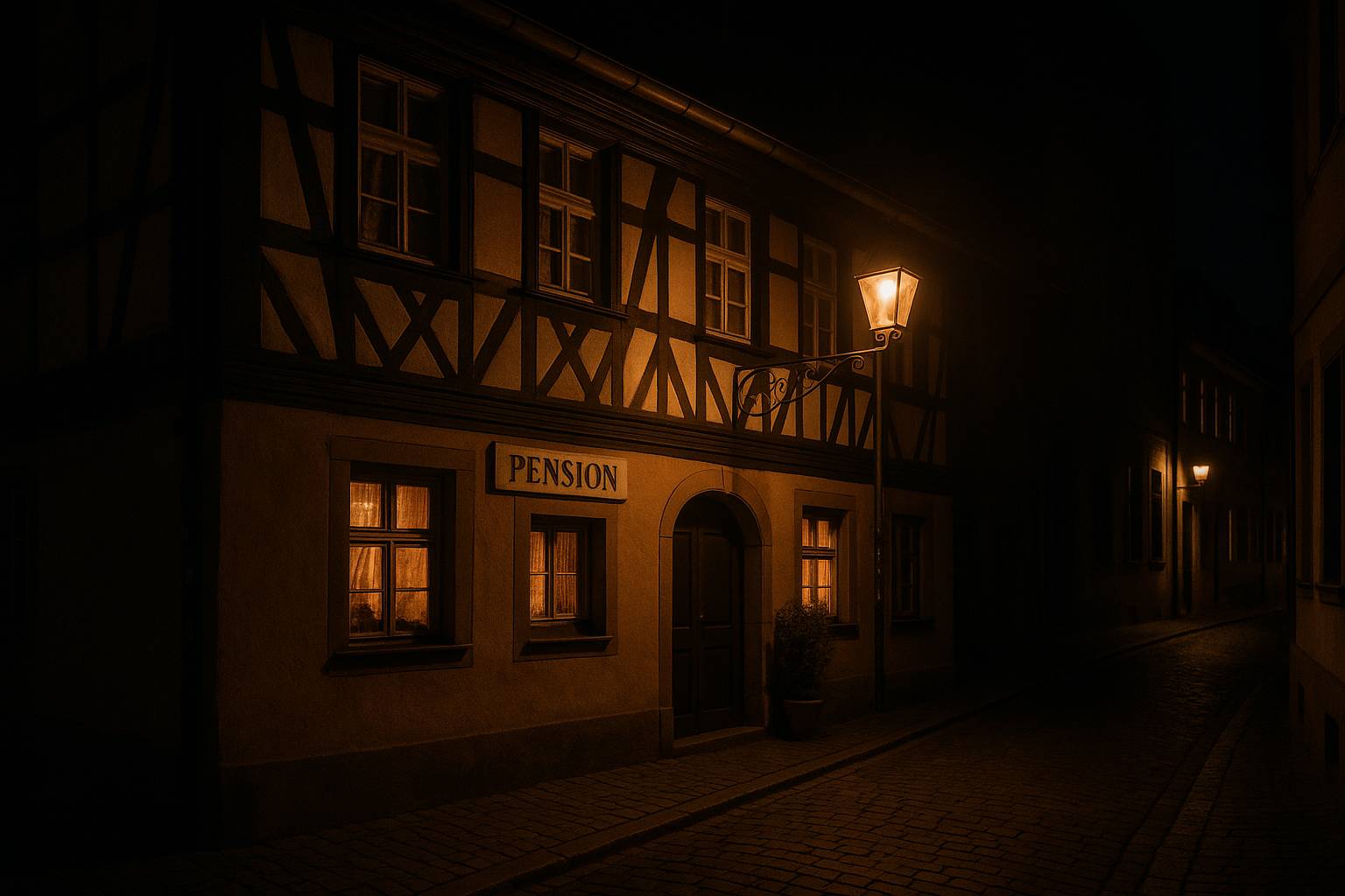 Romantischen Pension in einem historischen Fachwerkhaus in der Sandstraße in Bamberg bei Dunkelheit