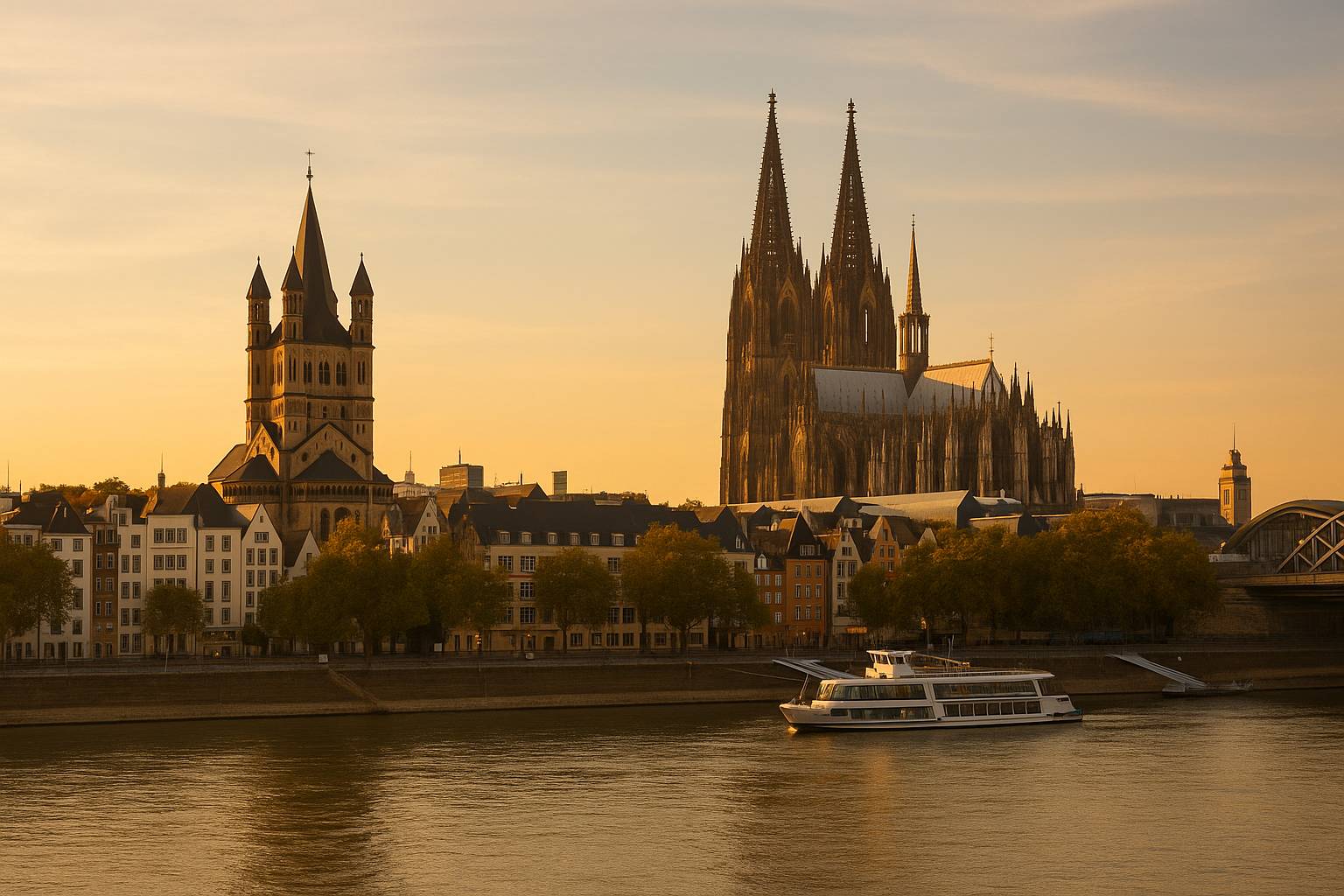 Panoramablick über den Rhein auf die Skyline mit Dom und Groß St. Martin