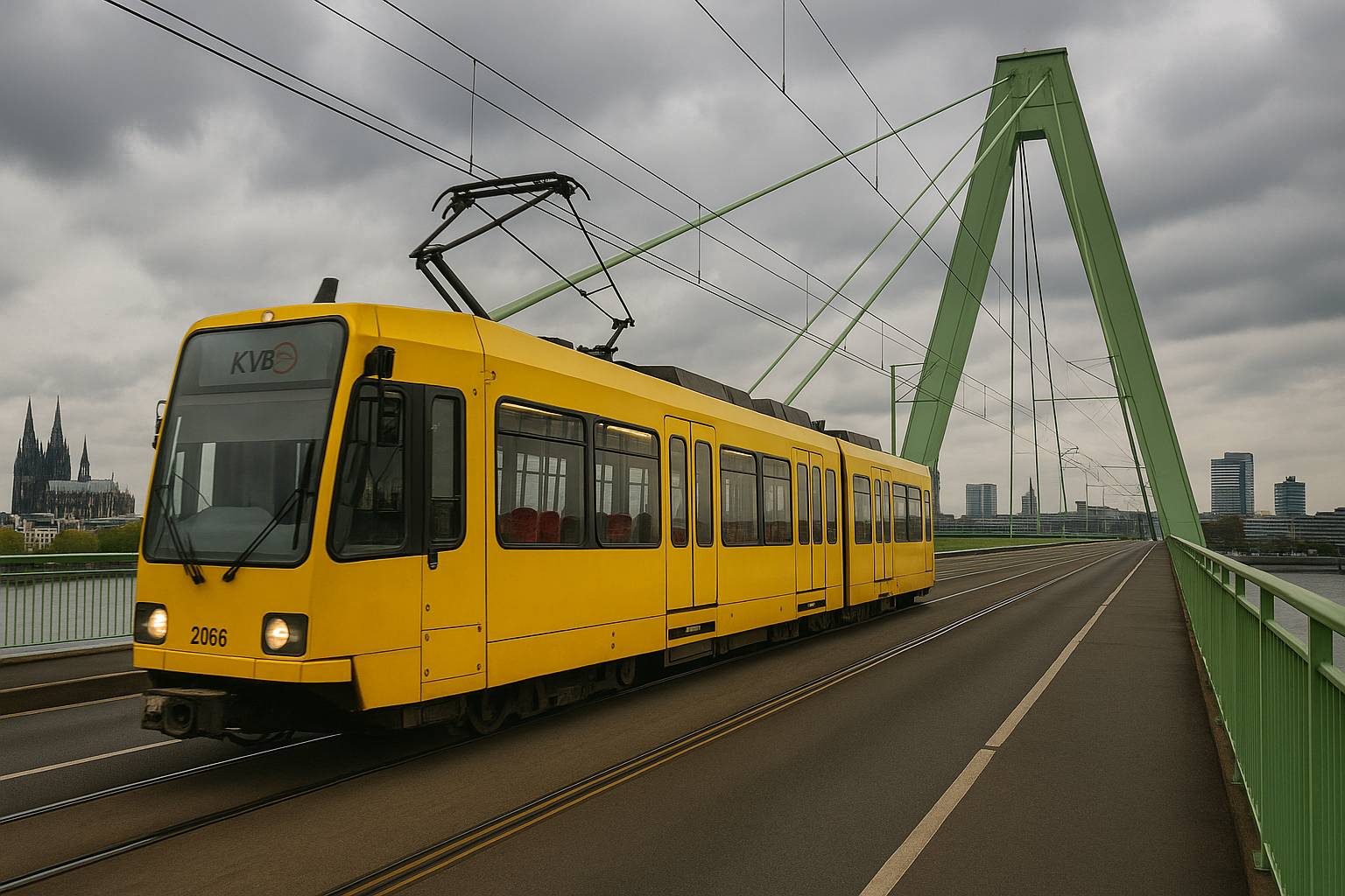 Köln eine gelbe KVB-Straßenbahn fährt über die Severinsbrücke