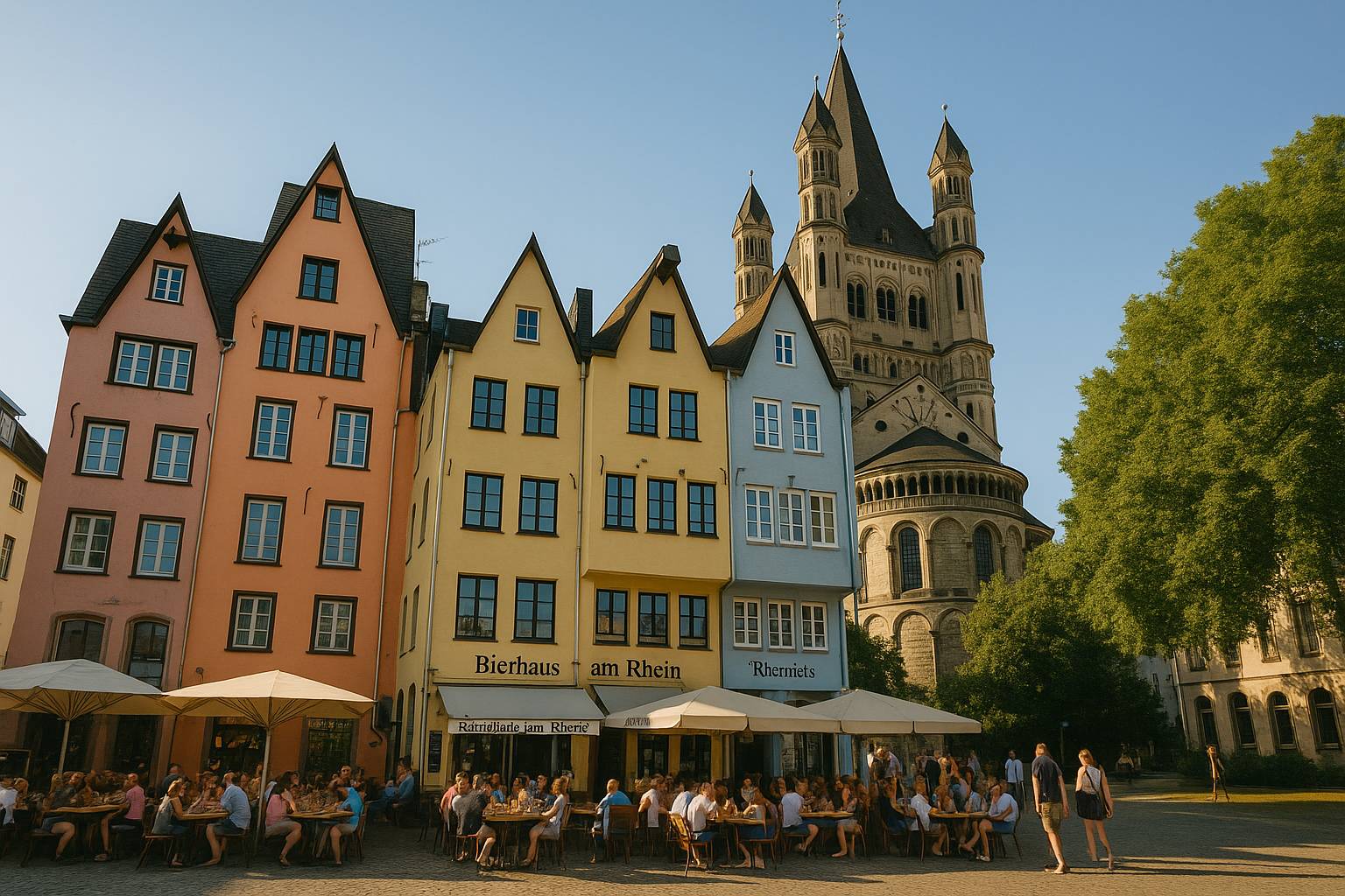 Köln die bunten Stapelhäuser am Fischmarkt vor Groß St. Martin