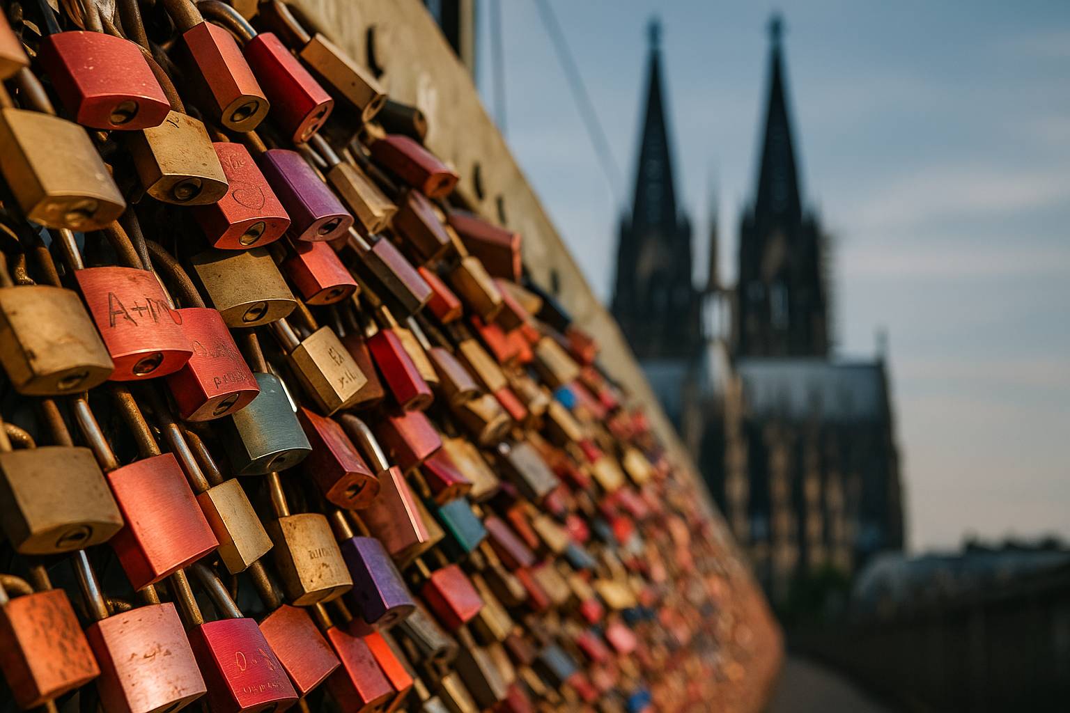 Köln Nahaufnahme der vielen bunten Liebesschlösser an der Hohenzollernbrücke