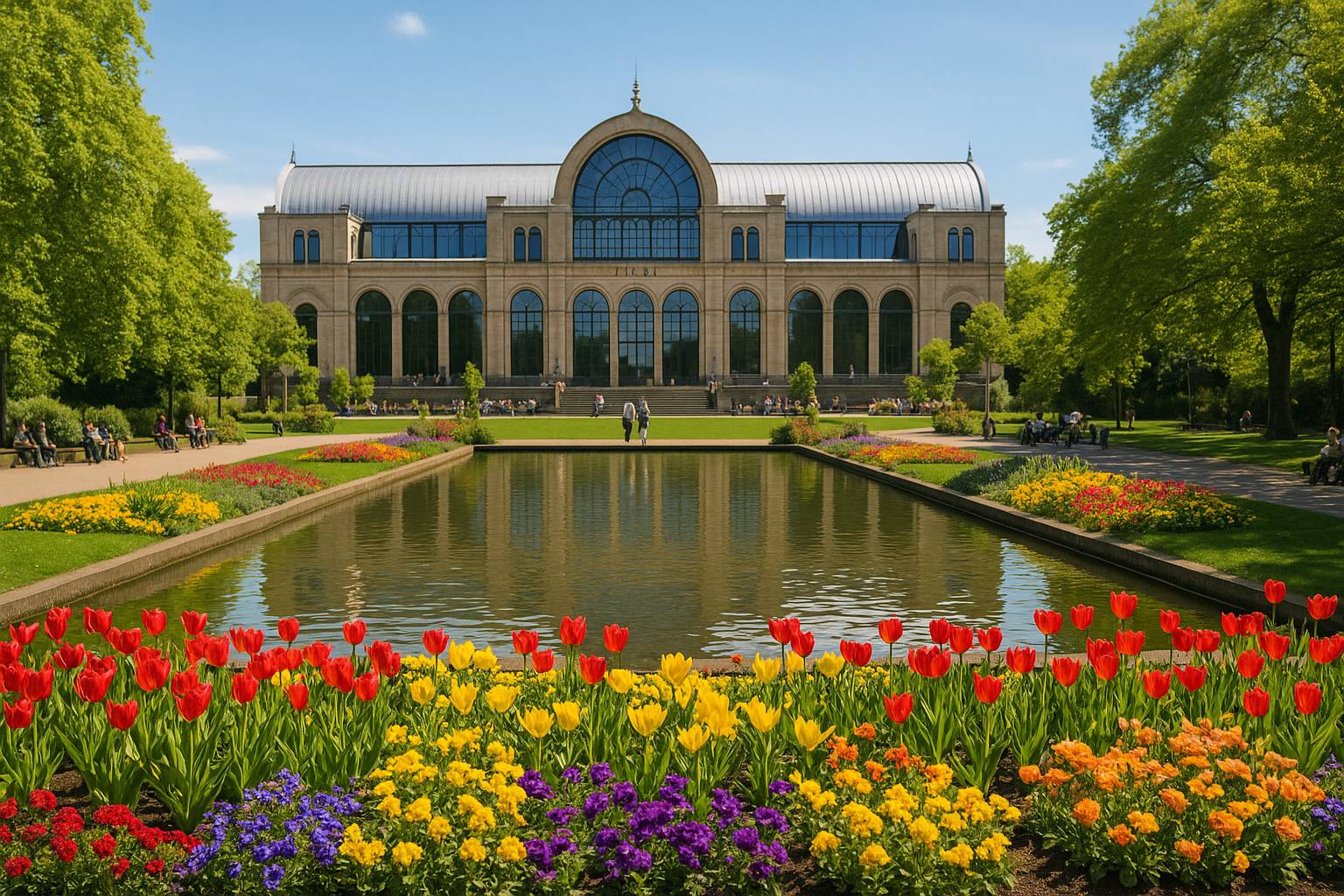 Köln das historische Flora-Gebäude hinter einem Teich mit blühenden Blumenbeeten