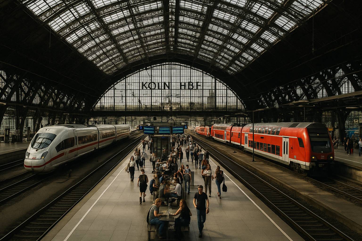 Köln die große gläserne Bogenhalle des Kölner Hauptbahnhofs