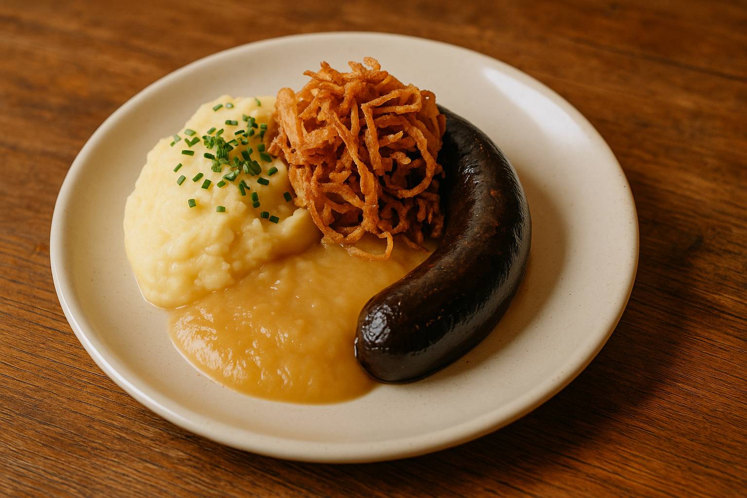 Köln nahaufnahme eines Tellers mit Himmel un Ääd (Blutwurst, Püree, Apfelmus)