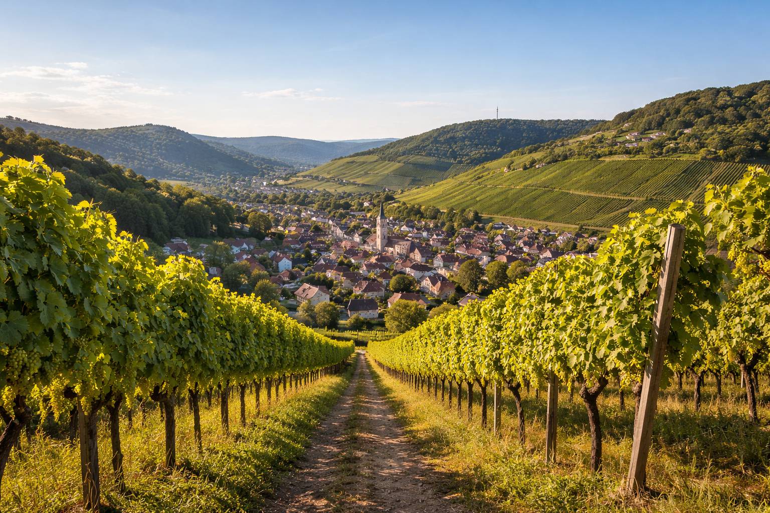 Stuttgarter Weinberge am Uhlbach, grüne Reben im Spätsommer, Blick hinunter ins Tal
