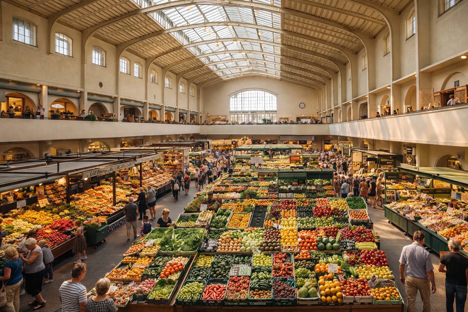 Stuttgarter Markthalle von innen, Blick auf die Marktstände mit frischem Gemüse und Obst, historisches Glasdach