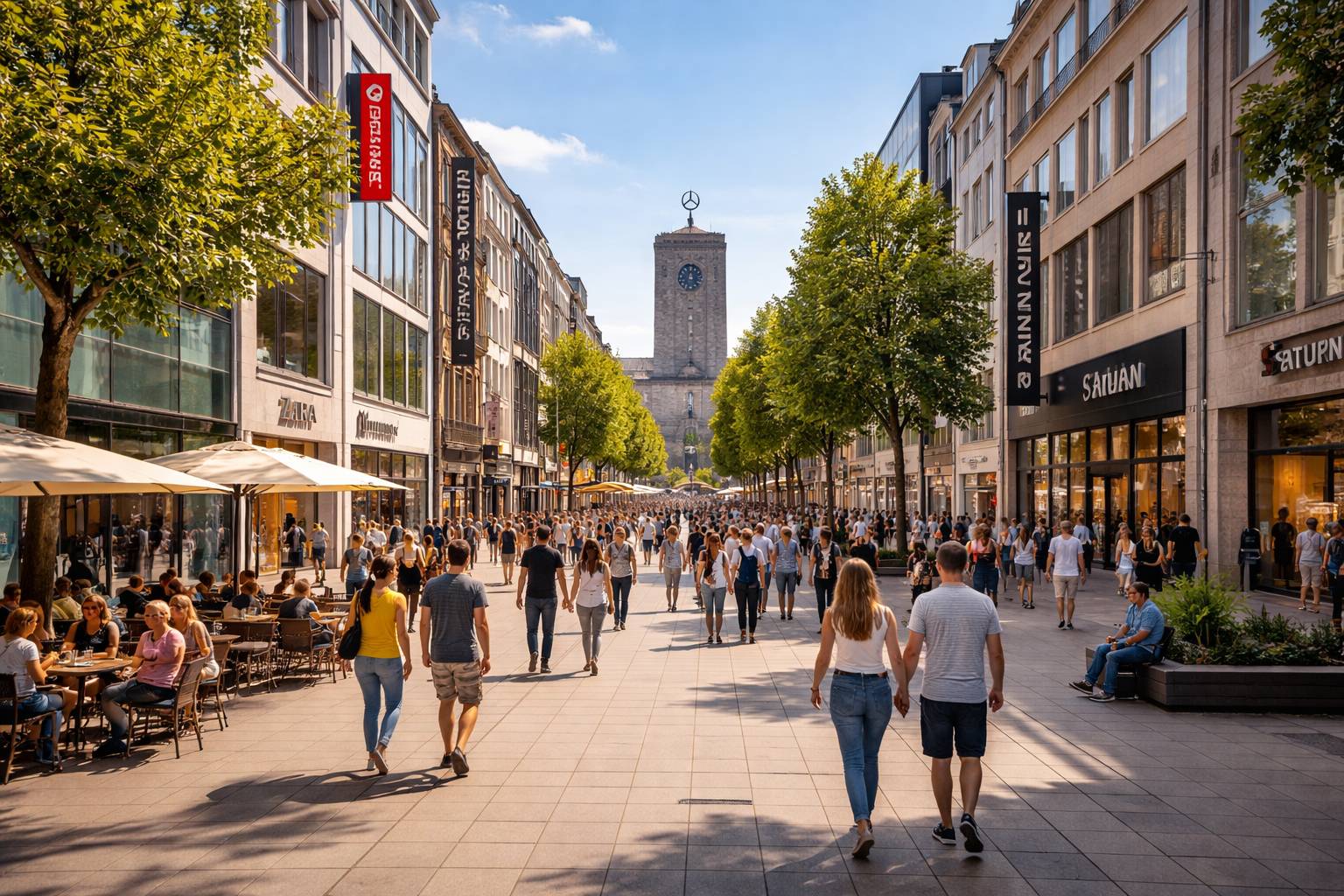 Königsstraße in Stuttgart, belebte Einkaufsstraße, Blick Richtung Hauptbahnhof