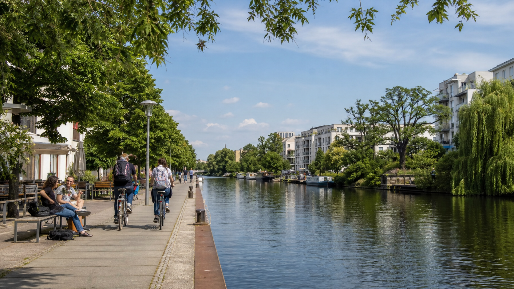 Ruhige Wochenendstimmung am Leipziger Karl-Heine-Kanal mit Spazierweg und Fahrrädern