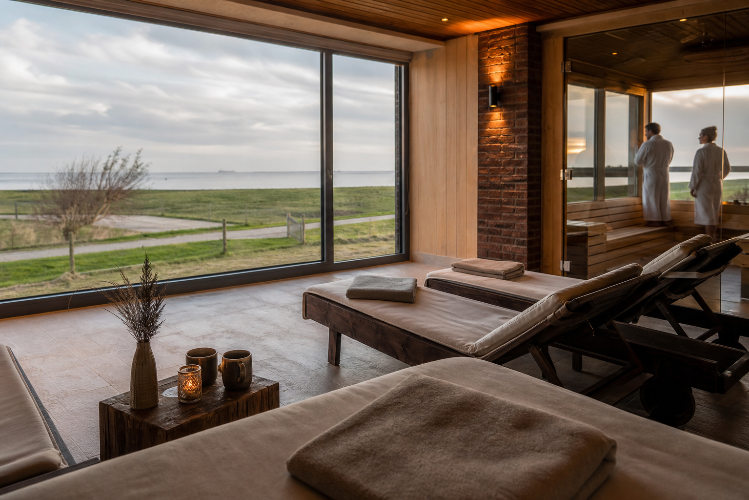 Ruhiger Wellnessbereich in Ostfriesland mit Blick auf Deich und Nordseeküste