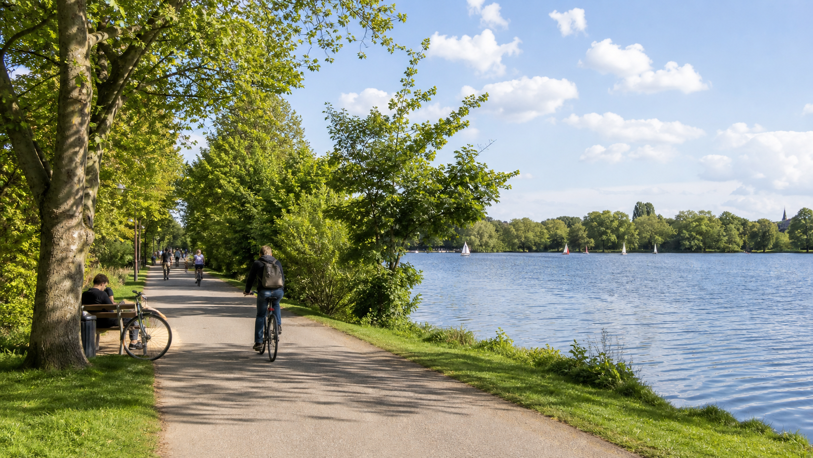 Aasee-Promenade in Münster mit Radfahrern und Blick auf das Wasser