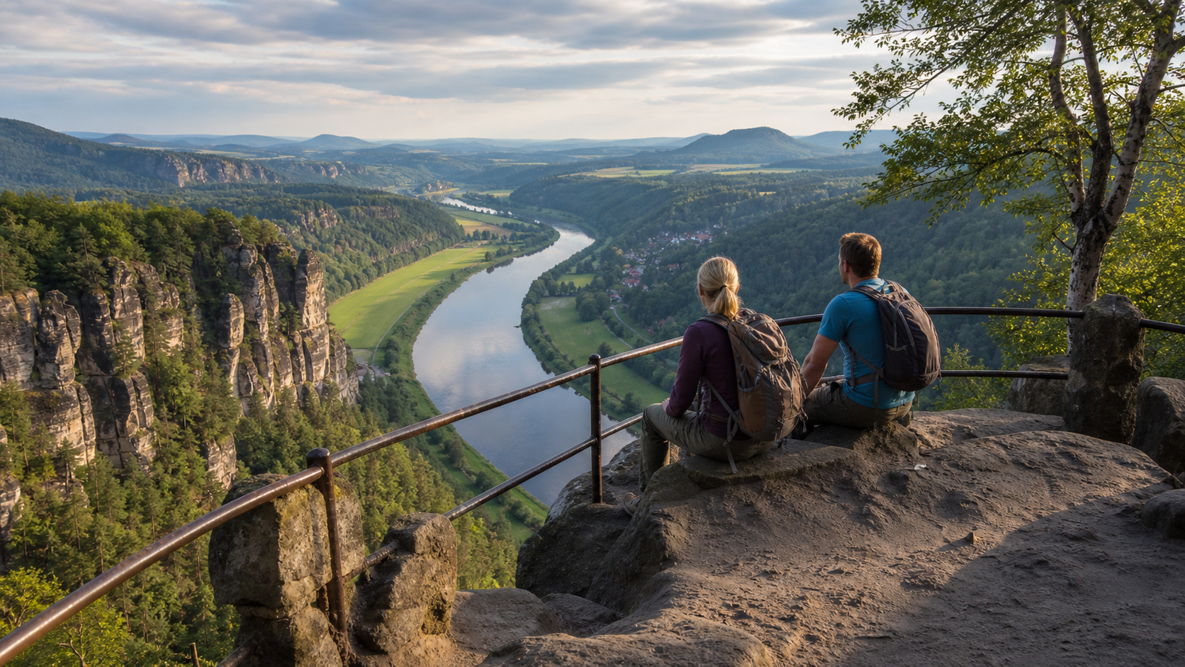 Wanderpause an einem Aussichtspunkt in der Sächsischen Schweiz mit Blick ins Elbtal