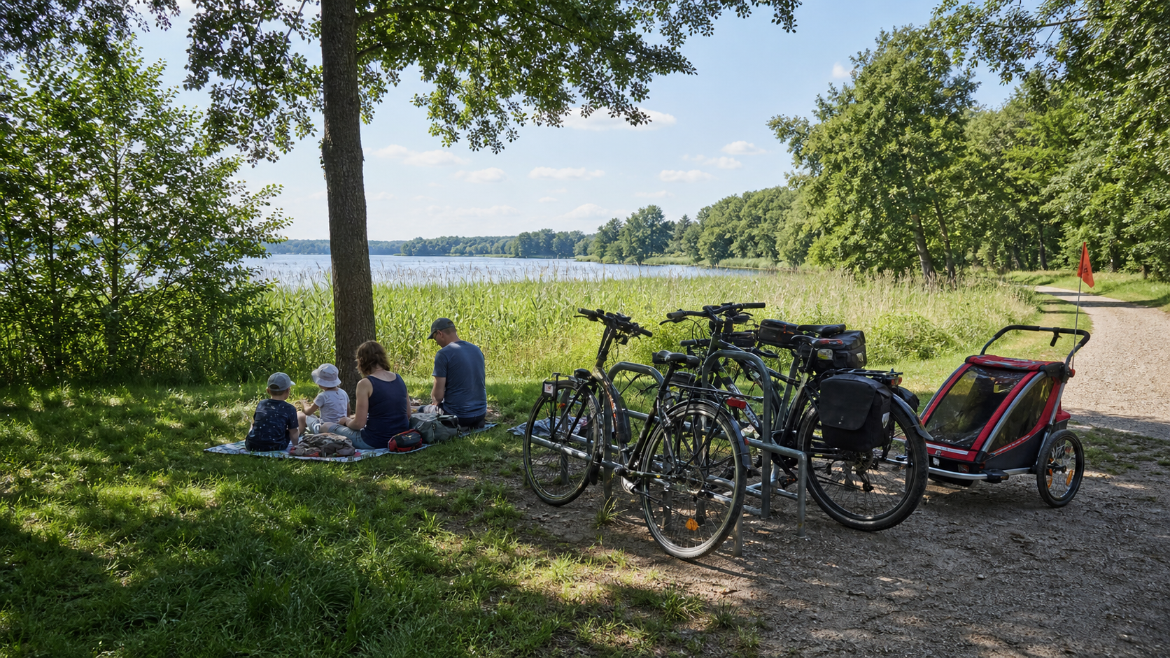 Familienfreundliche Radpause an der Mecklenburgischen Seenplatte mit Fahrrädern, Picknickdecke und Seeufer