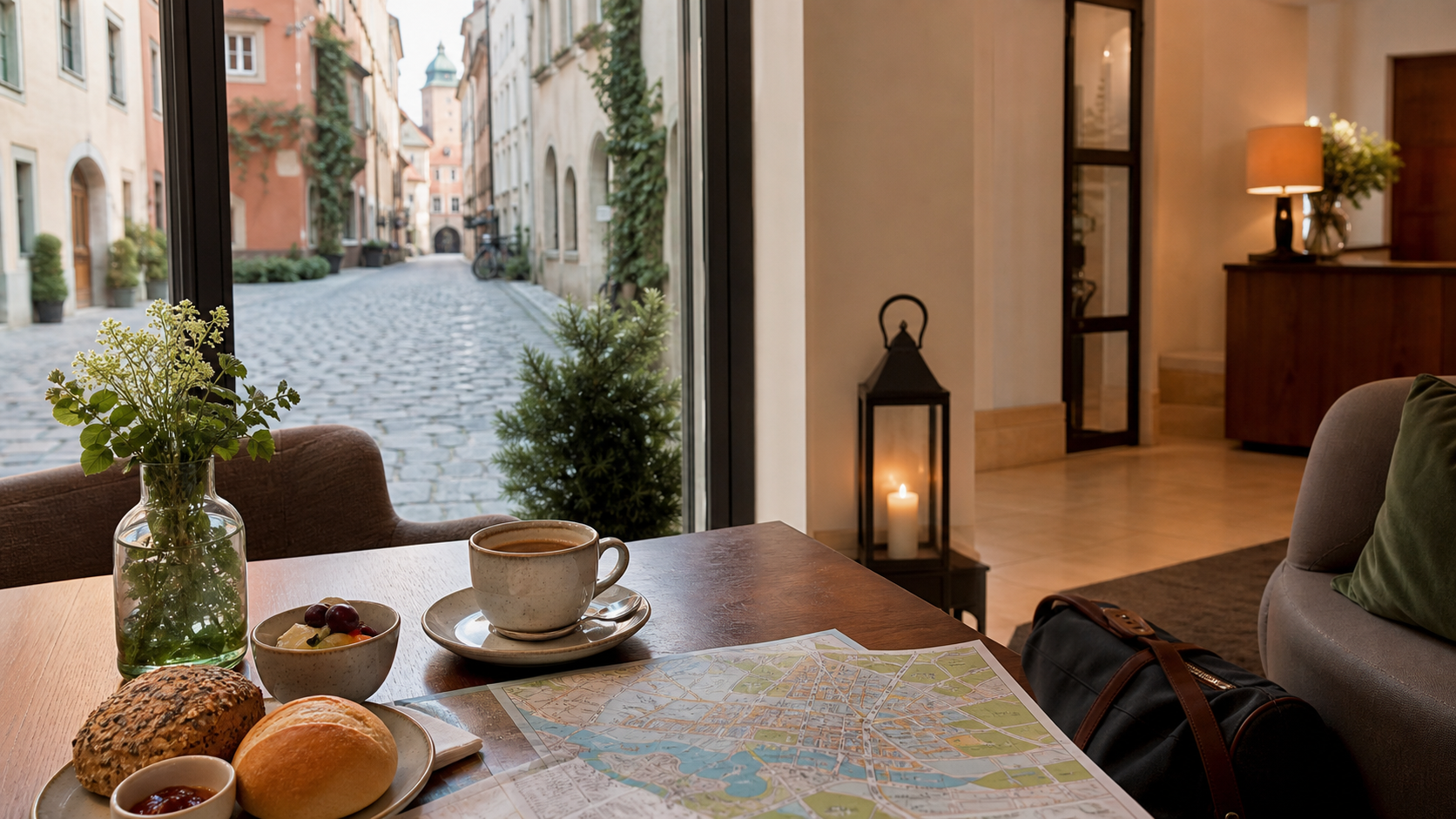 Gemütliche Hotel-Lounge in Regensburg mit Stadtplan, Frühstück und Blick in eine Altstadtgasse