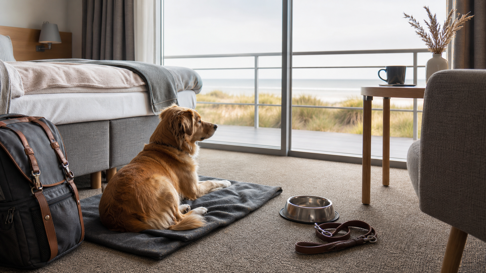 Hundefreundliche Unterkunft in Cuxhaven mit Hundedecke, Napf und Blick Richtung Dünen