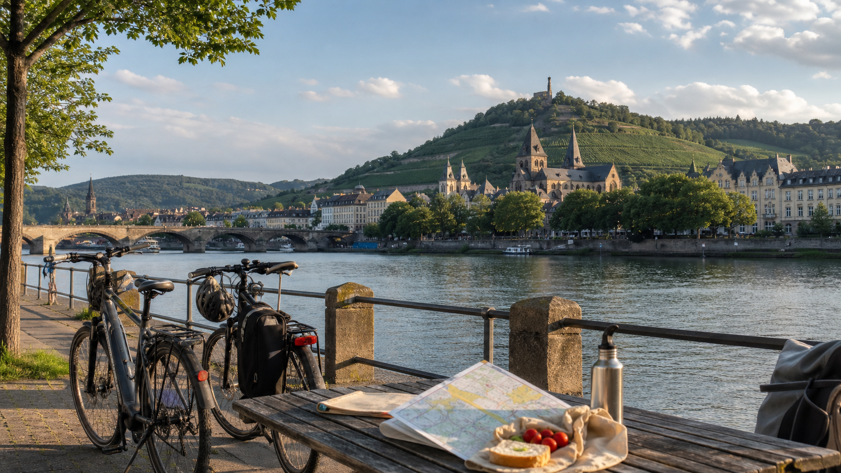 Moselpromenade bei Trier mit Fahrrädern, Karte und Picknick als Planungsszene für ein Hotel-Wochenende