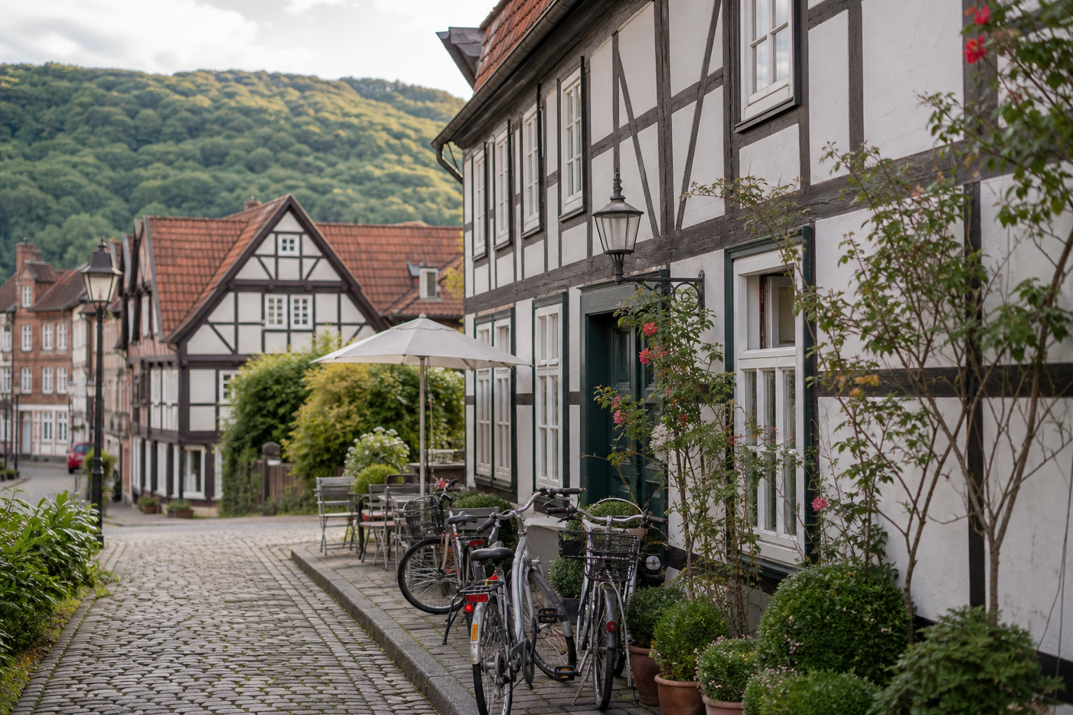 Fachwerkhäuser und Fahrräder im Weserbergland als Unterkunfts- und Altstadtmotiv