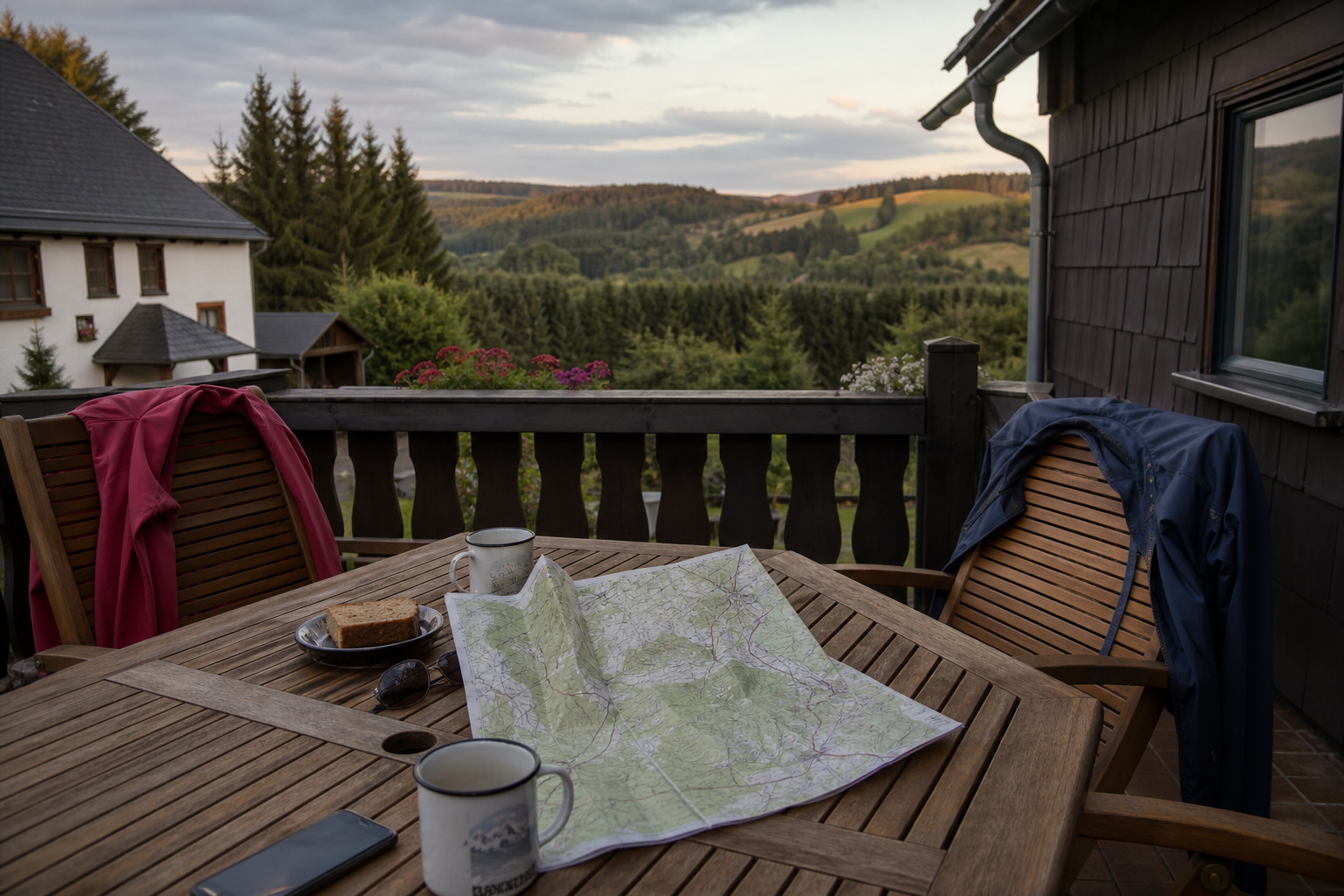 Terrasse einer Ferienwohnung im Erzgebirge mit Blick auf Wald und Hügel
