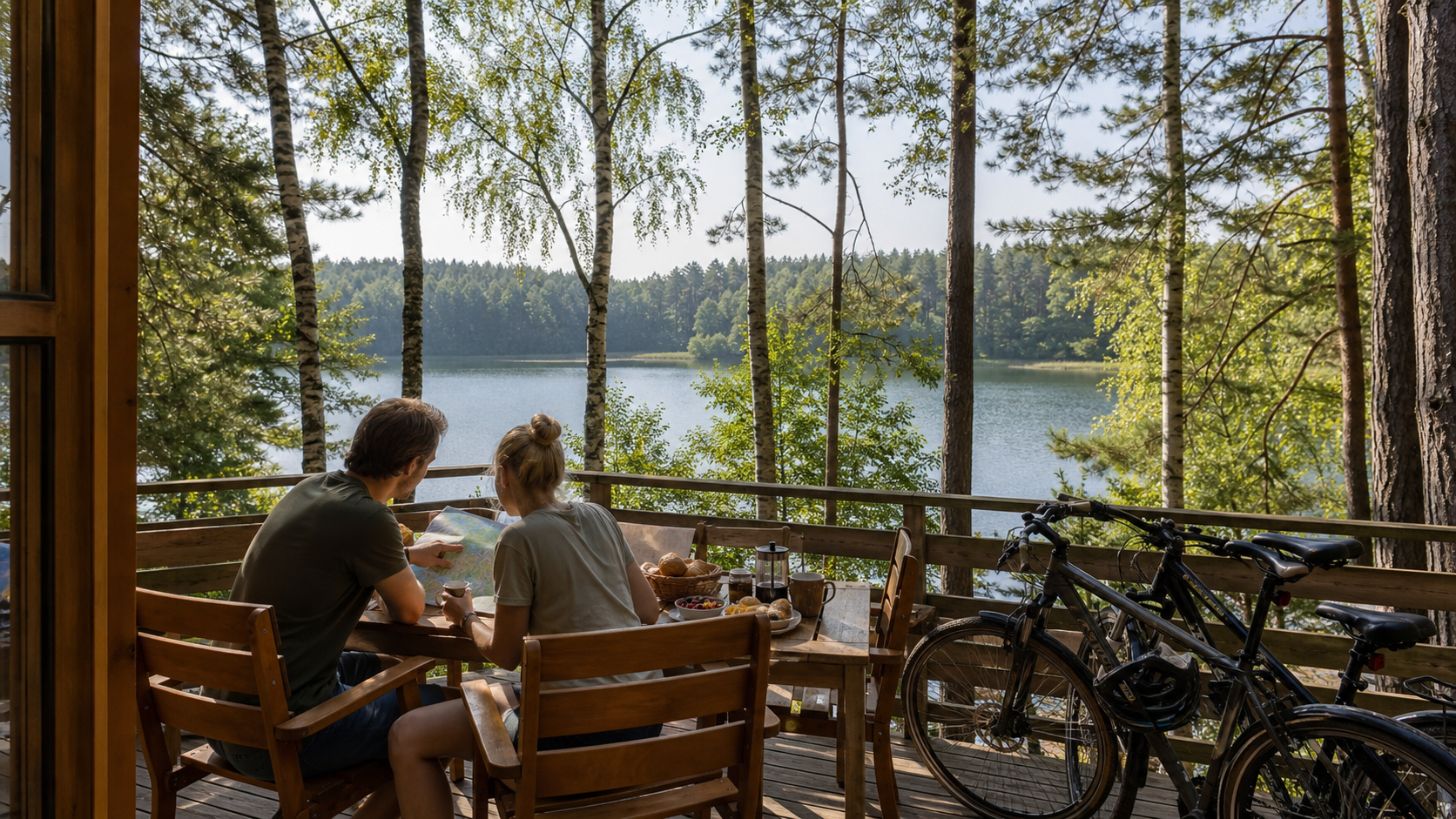 Ferienwohnungsterrasse am See in der Uckermark mit Fahrrädern und Frühstück