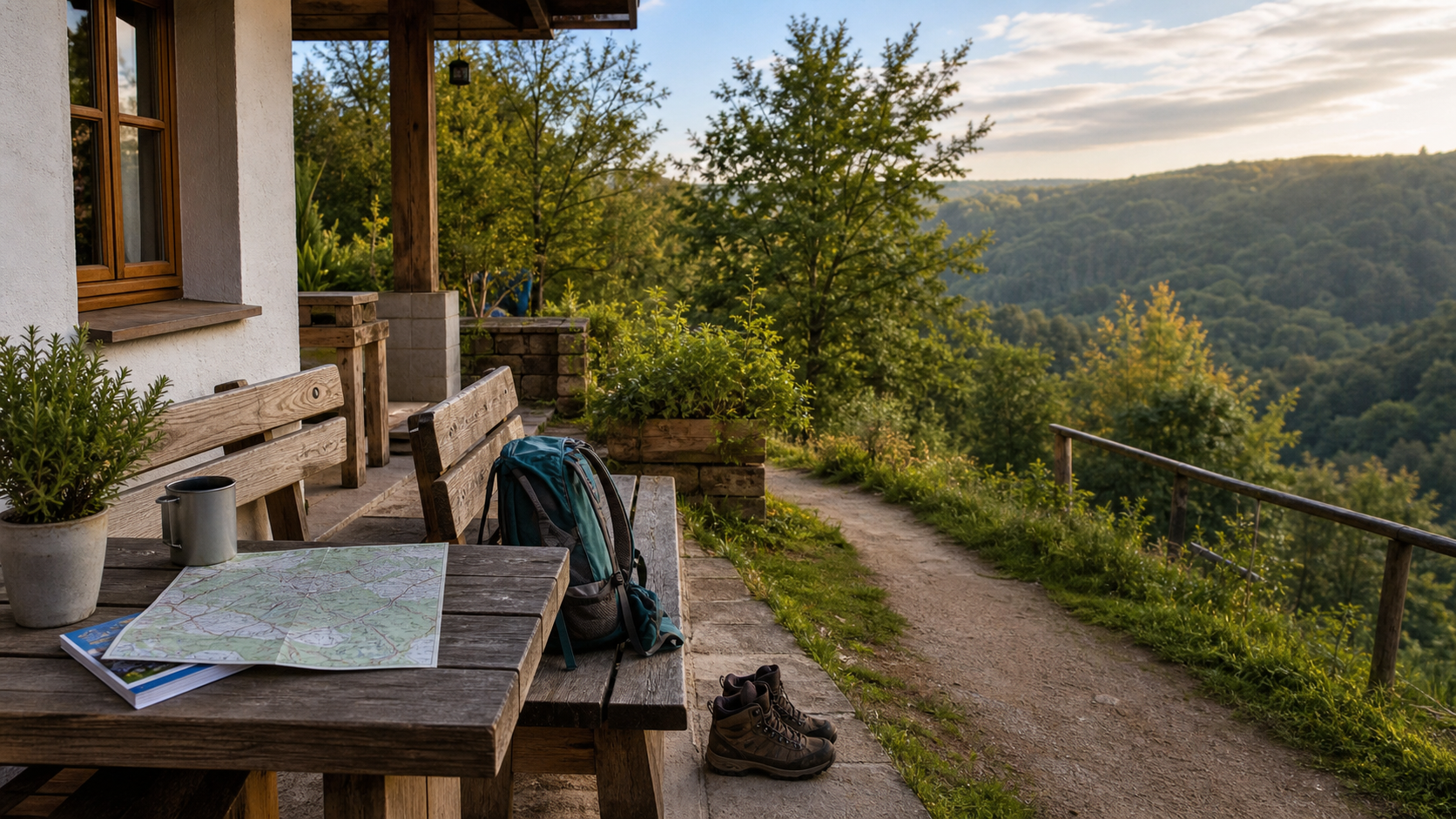 Unterkunftsterrasse mit Wanderkarte und Rucksack nahe der Saarschleife