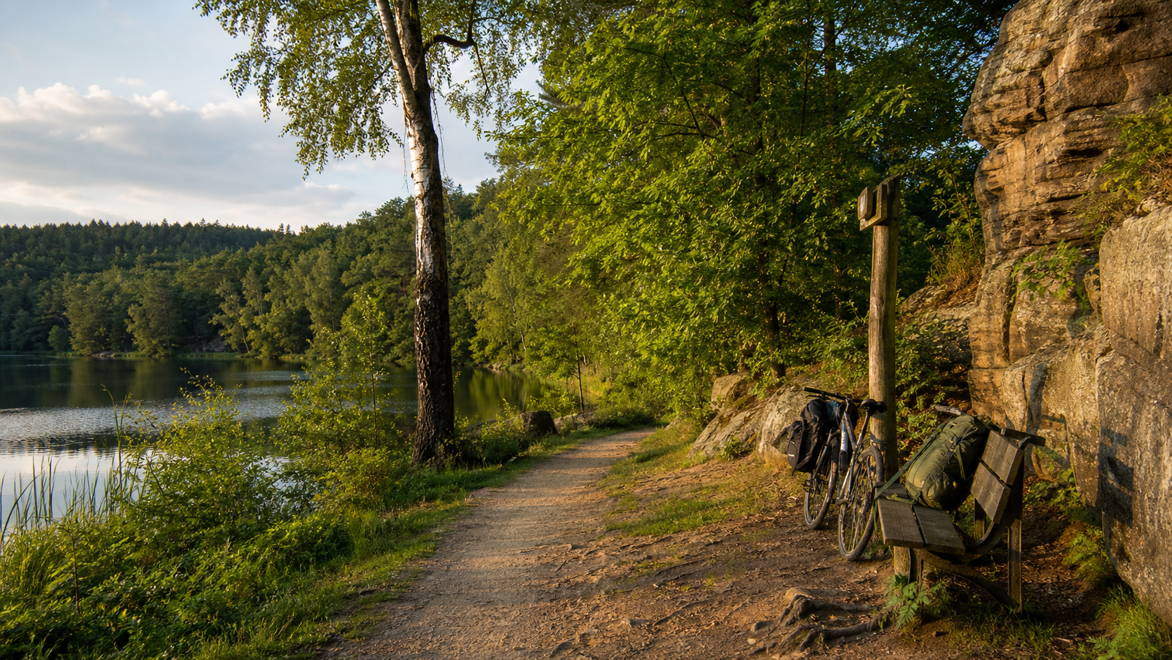 Wanderweg am See in der Oberlausitz mit Bank, Fahrrädern und Felsen