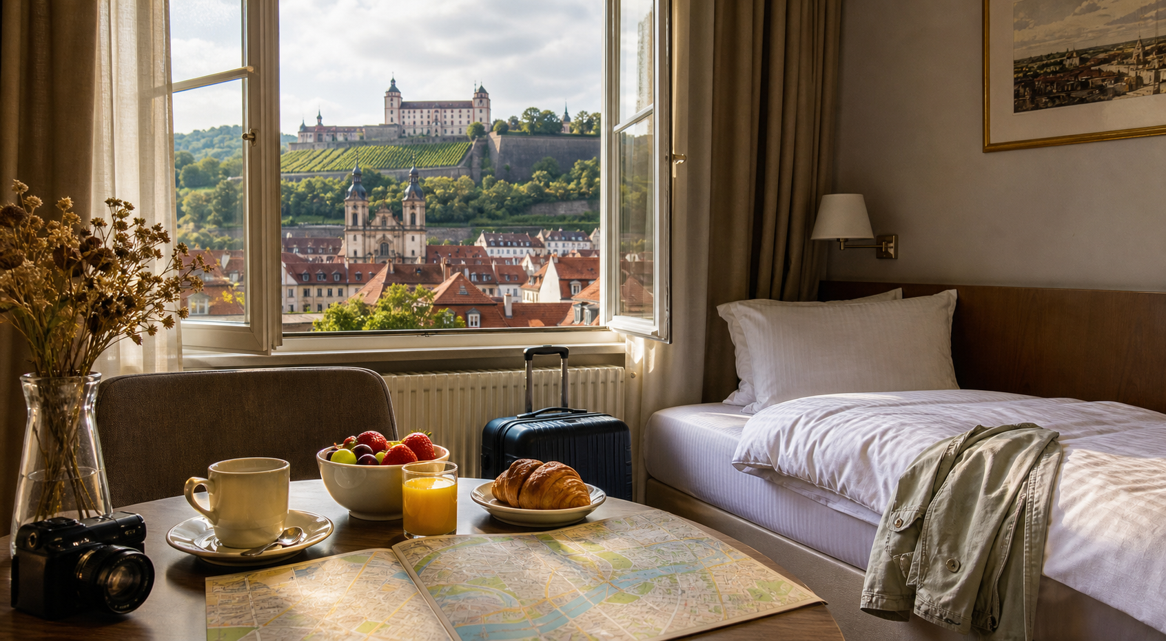 Ruhiges Hotelzimmer für ein Wochenende in Würzburg mit Frühstückstisch und Blick auf historische Dächer