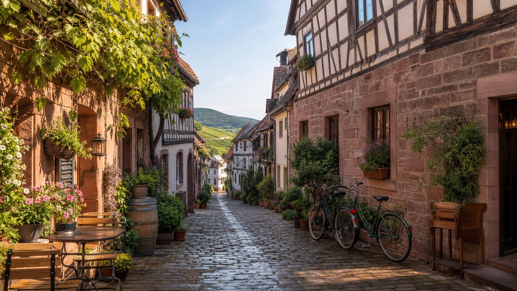 Ruhige Gasse in einem Weindorf an der Deutschen Weinstraße mit Fachwerkhäusern und Fahrrädern