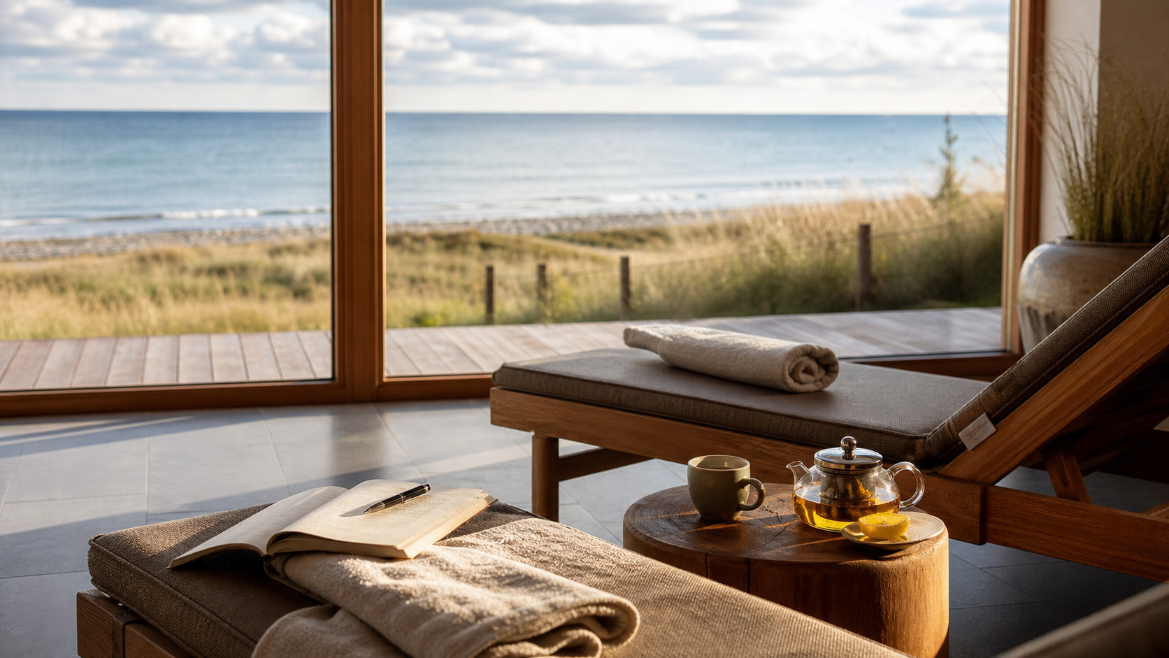 Ruhige Wellnesslounge mit Blick auf Dünen und Ostsee bei Kühlungsborn