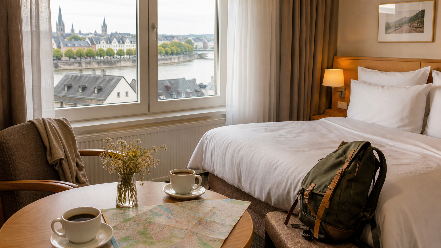 Hotelzimmer für ein Wochenende in Koblenz mit Stadtplan und Kaffee