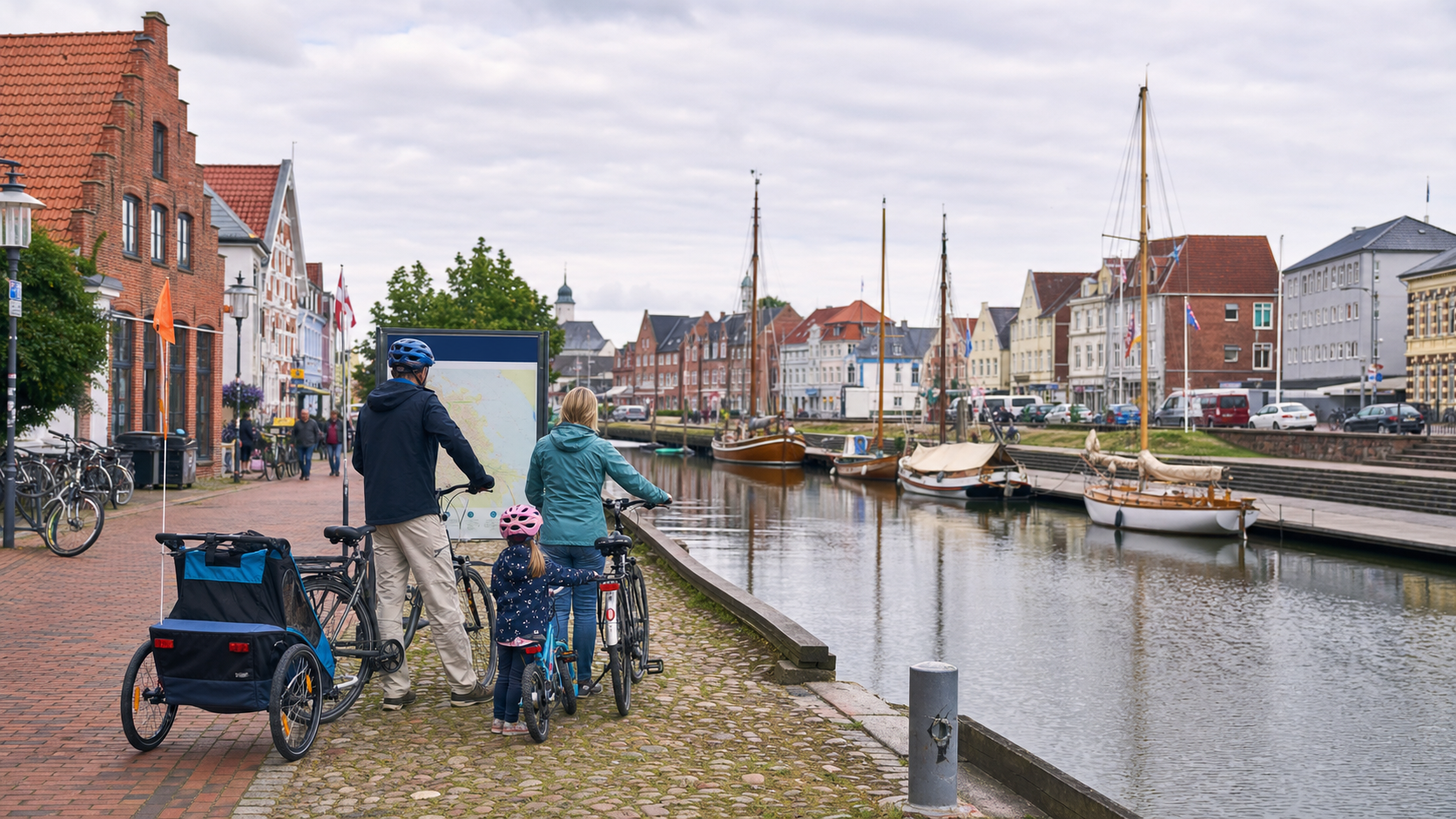 Radfahrer am Hafen in Husum als Ausgangspunkt für Ausflüge in Nordfriesland