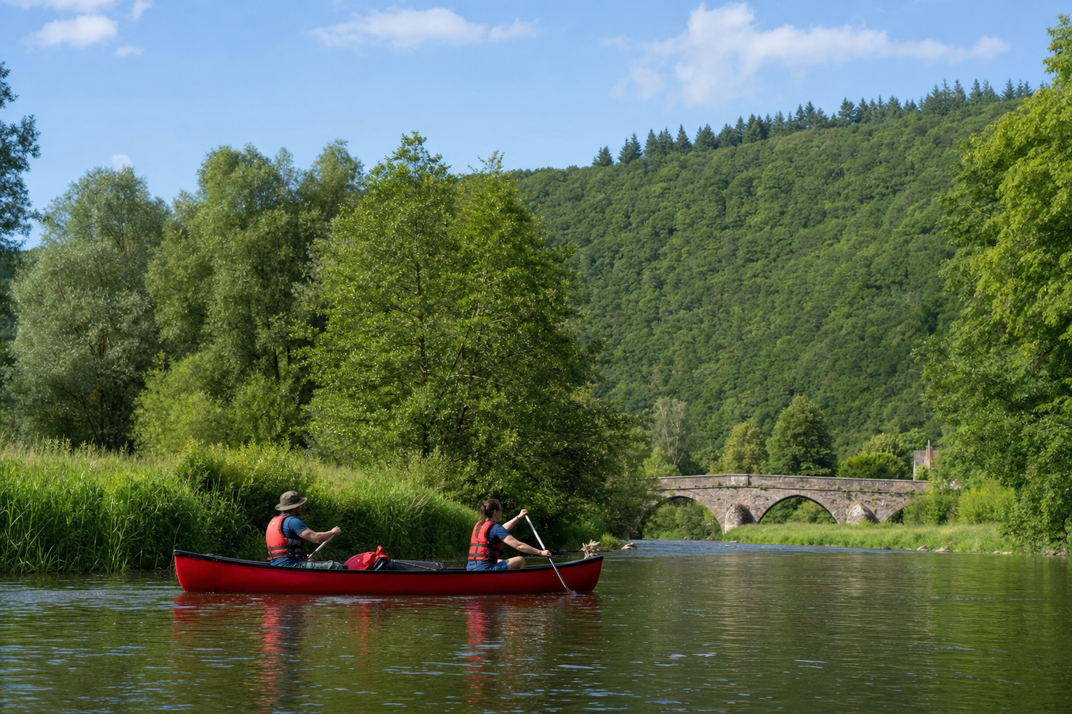 Zwei Personen paddeln mit Schwimmwesten in einem roten Kanu auf der Lahn
