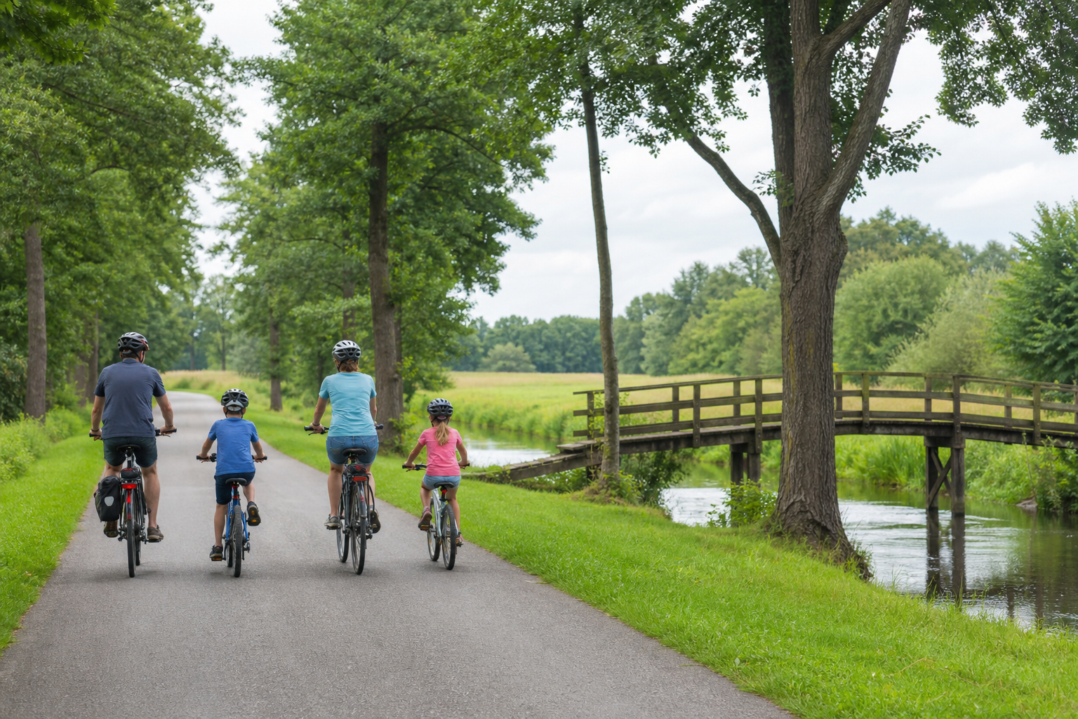 Familie auf einer ruhigen Radtour entlang eines Fließes im Spreewald
