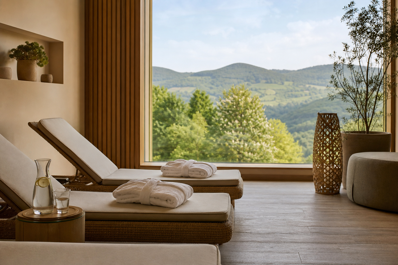 Ruhiger Wellnessbereich mit Liegen und Blick auf bewaldete Hügel der Rhön