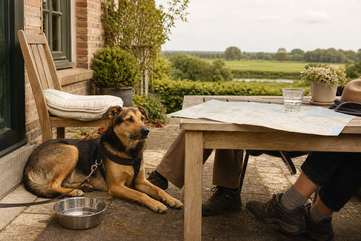 Hund ruht mit Wassernapf auf der Terrasse einer Unterkunft am Niederrhein