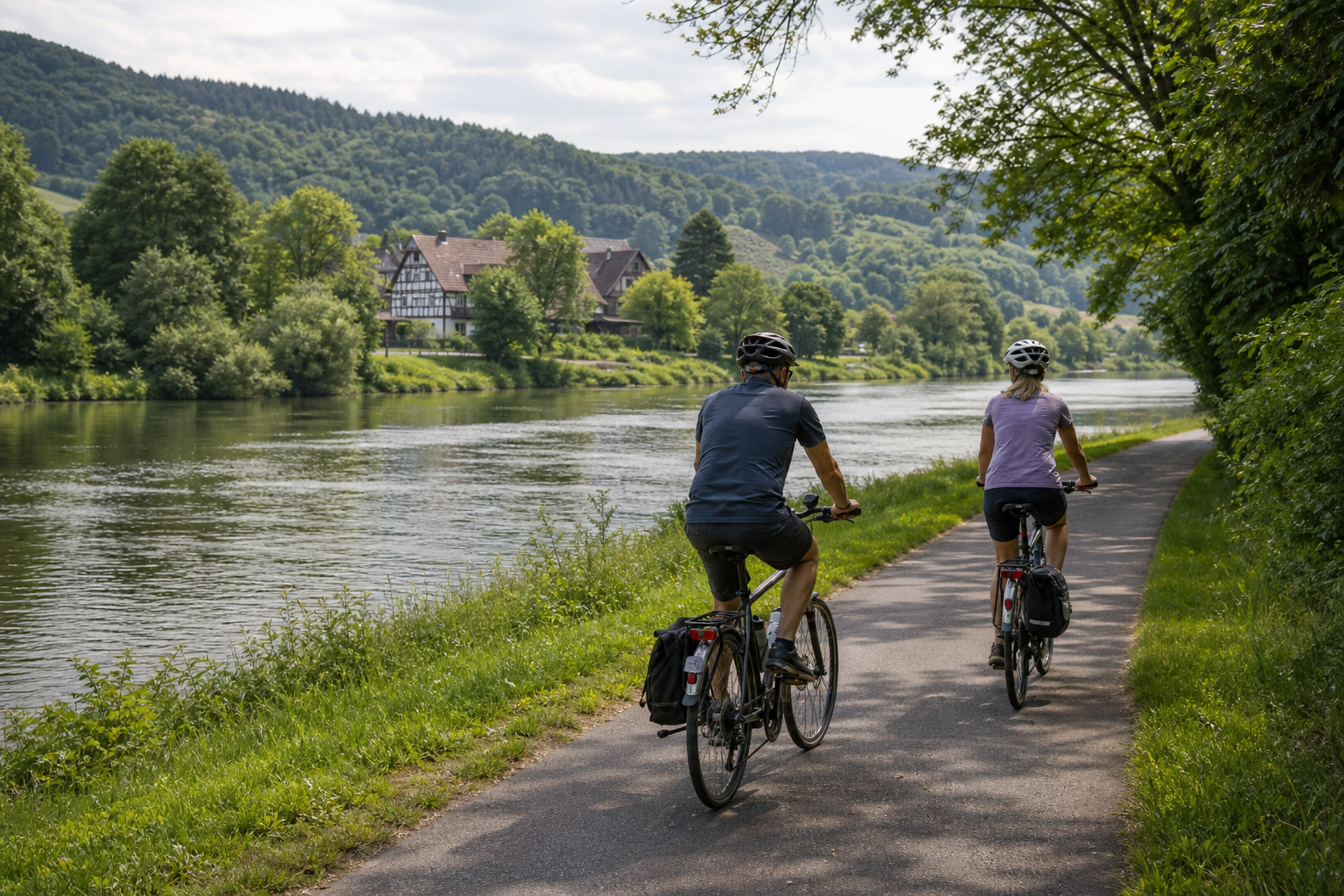 Zwei Reisende fahren mit Tourenrädern auf einem Uferweg an der Werra