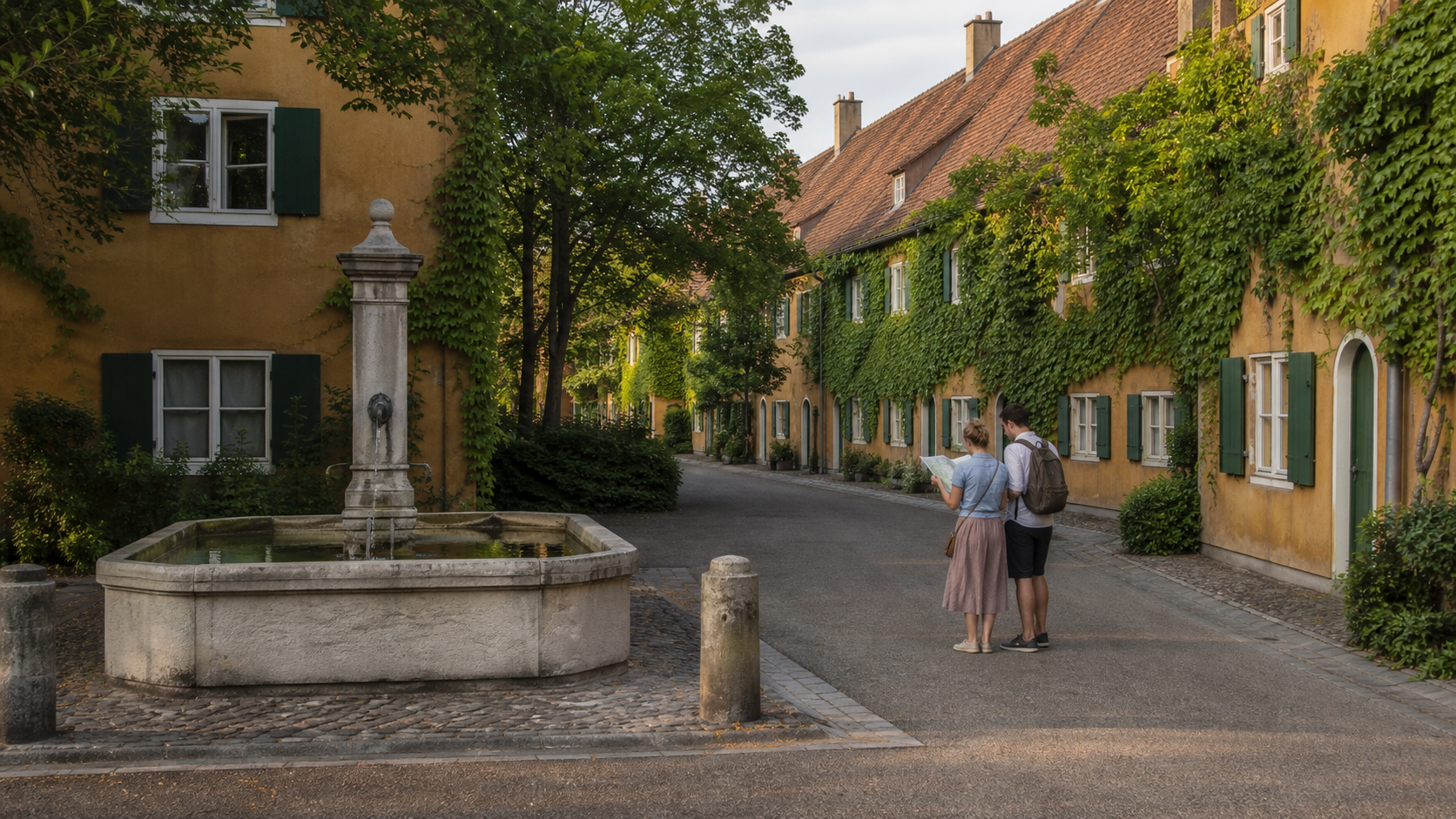 Ruhiger begrünter Innenhof mit historischen Häusern in Augsburg