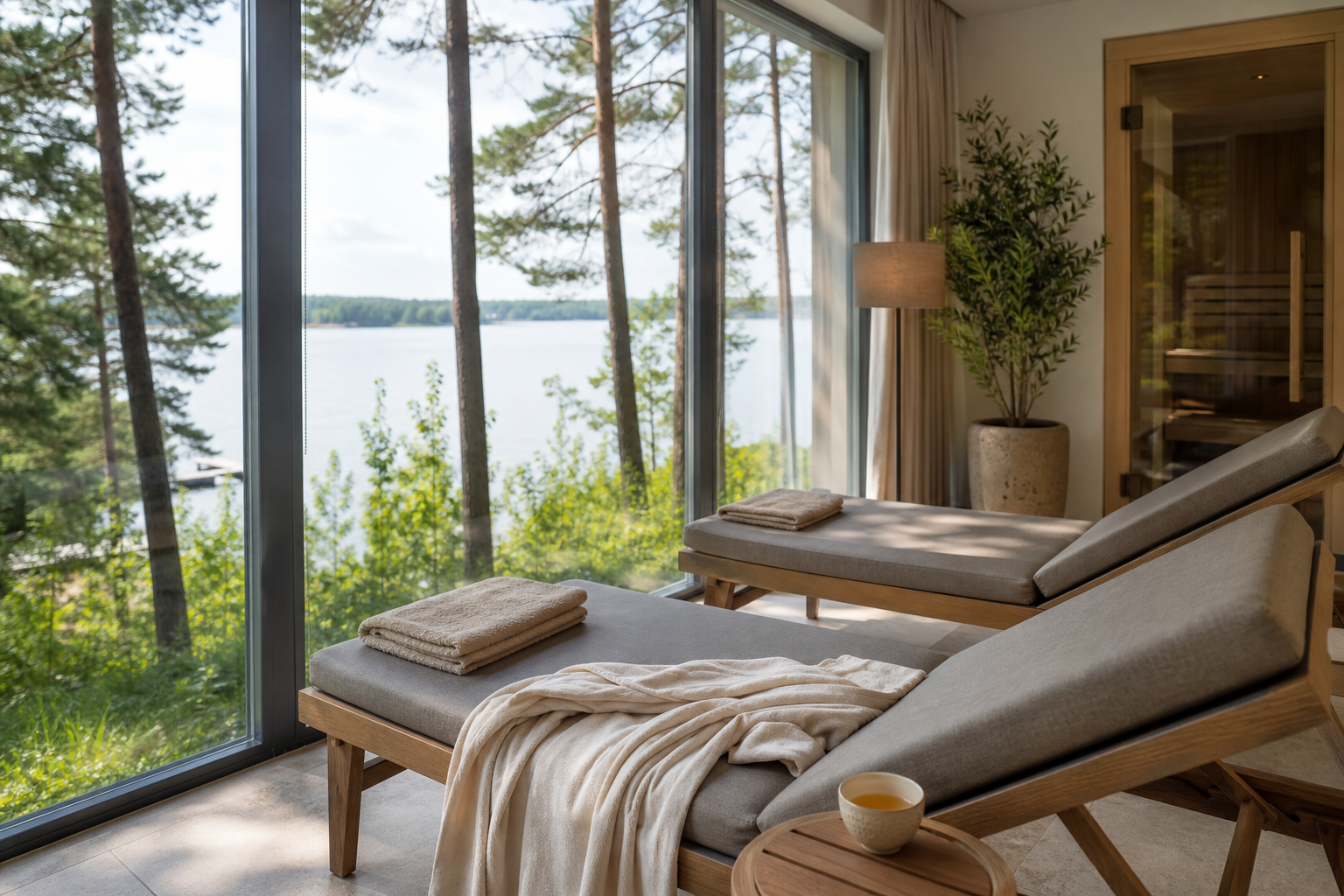 Heller Wellness-Ruheraum mit Liegen und Blick auf den Scharmützelsee