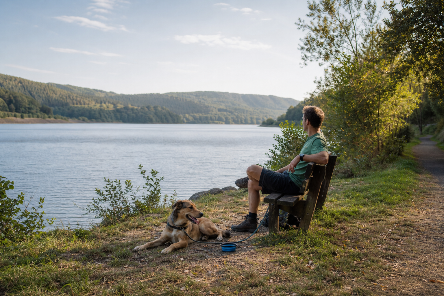 Wanderer mit angeleintem Hund bei einer Pause am Nidda-Stausee im Vogelsberg